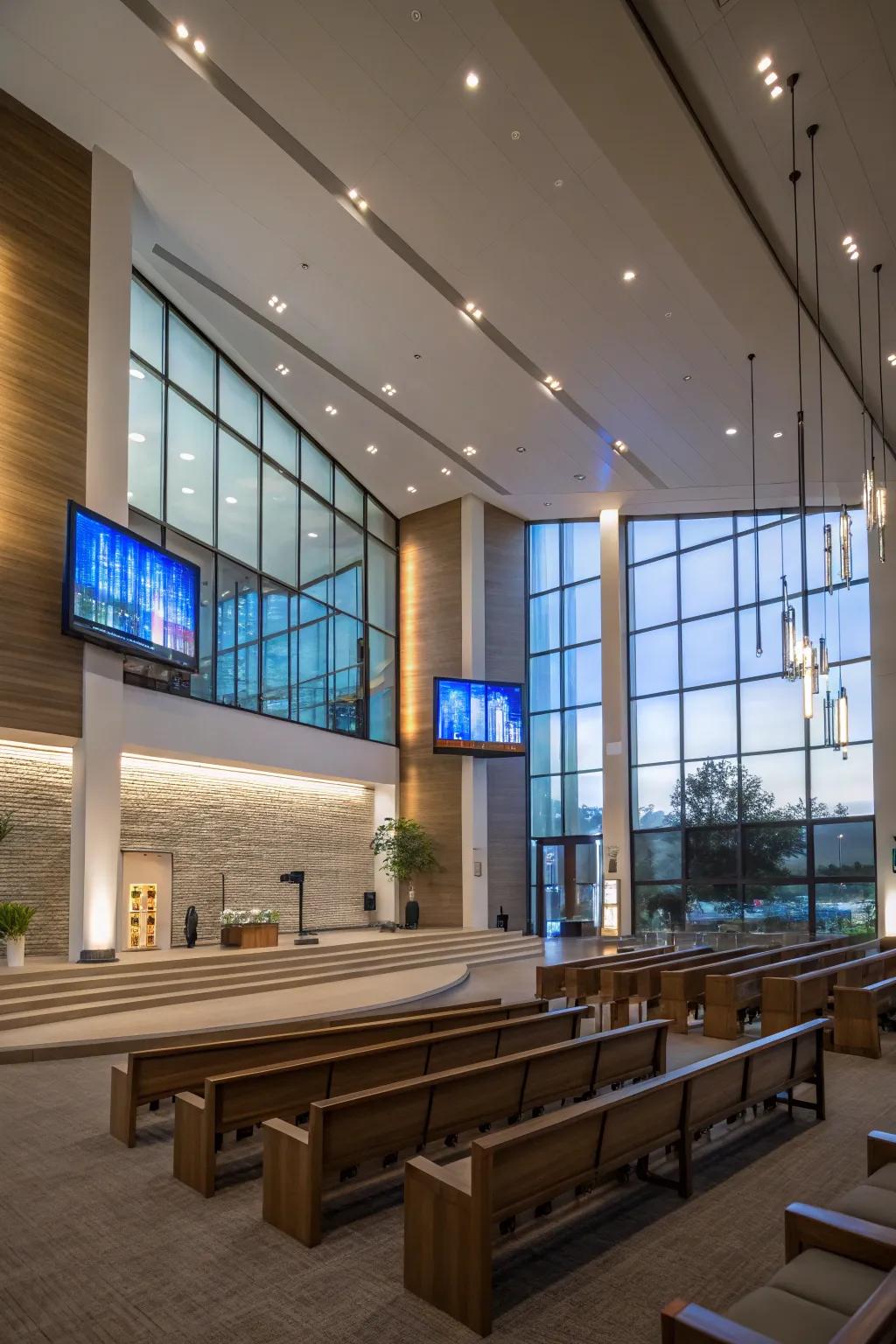 Tech-integrated lighting for a modern sanctuary experience.
