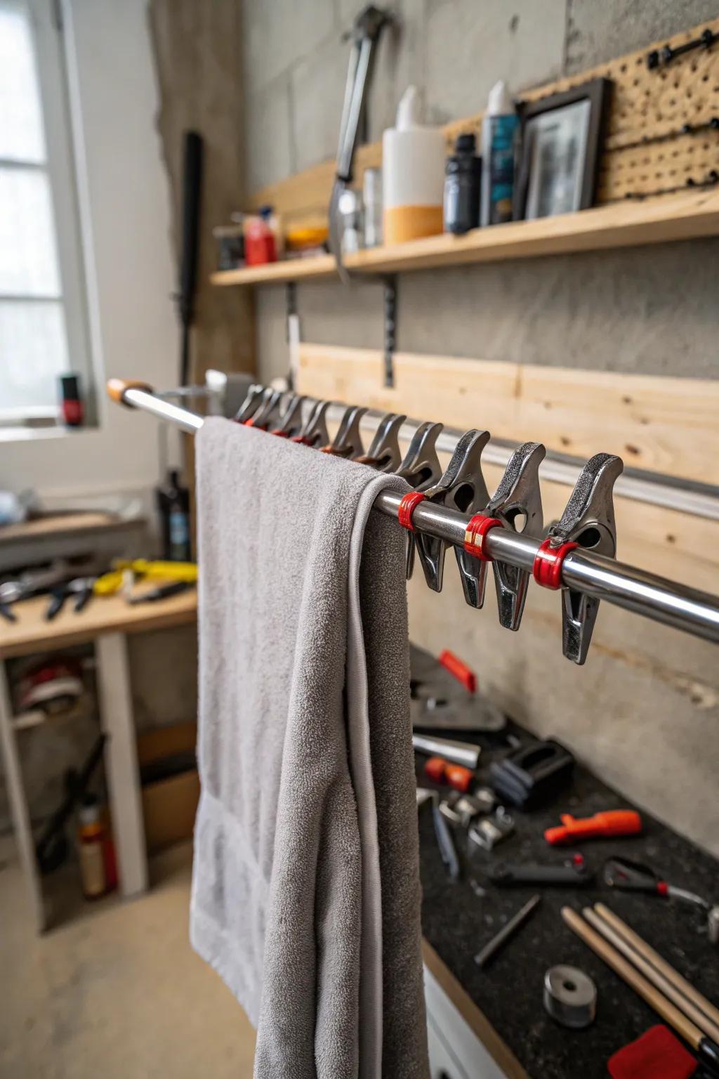 Cloth hangers function as an ingenious repurposed clamp arrangement solution.