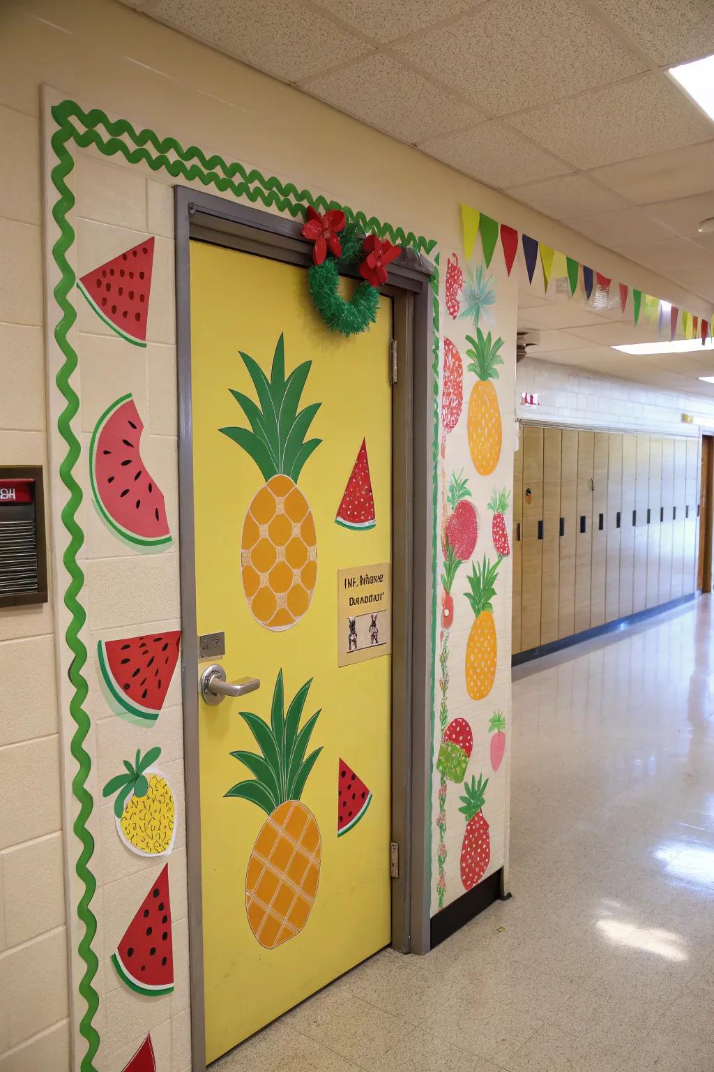 A fruity festivity-themed learning space doorway showcasing kaleidoscopic fruits.