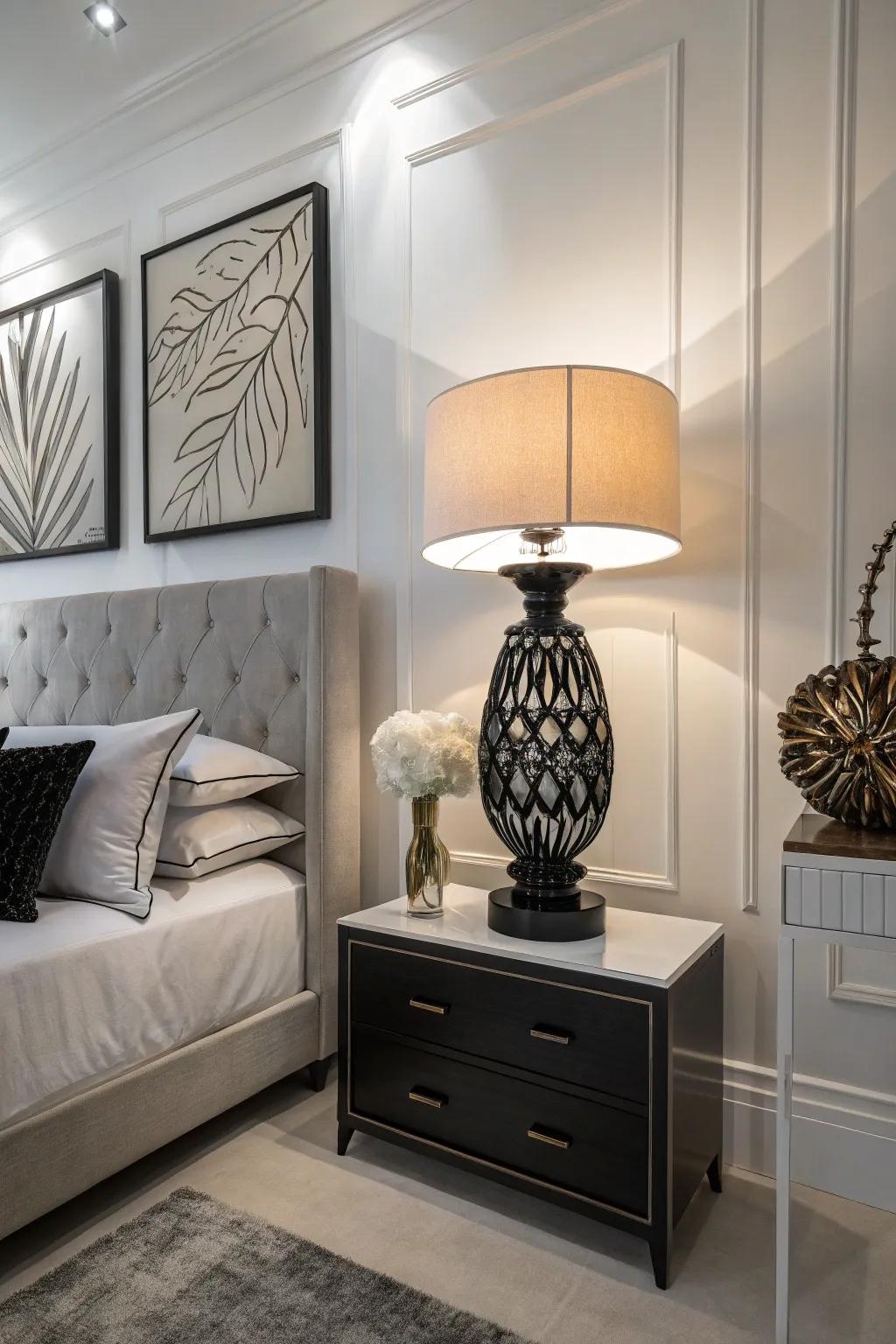 Sculptural decor adds an artistic element to this stylish bedroom.