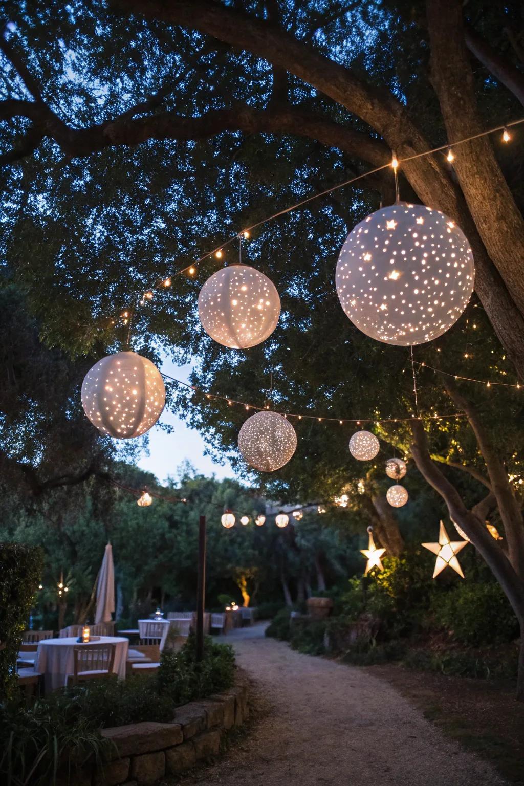 Magical starry night view featuring hanging globes.