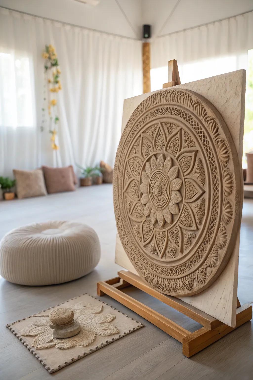 Complex round design clay relief sculpture, infusing calm into your living space.