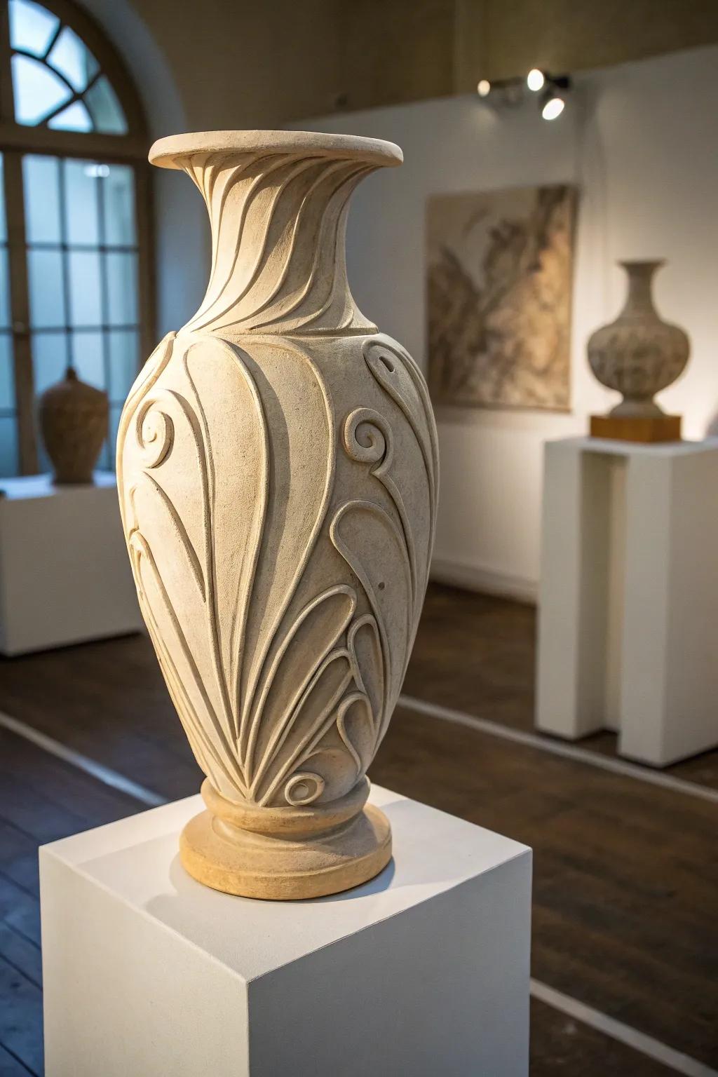 A sculptural earthenware flower holder serving as an artistic centerpiece within a space.