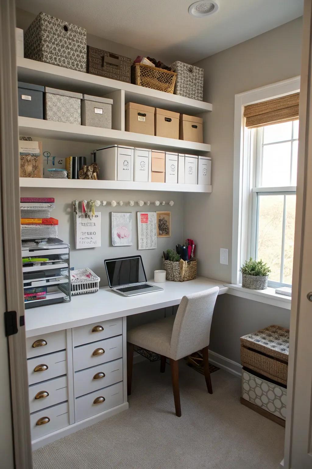 Store more by using high shelves in your cloffice.