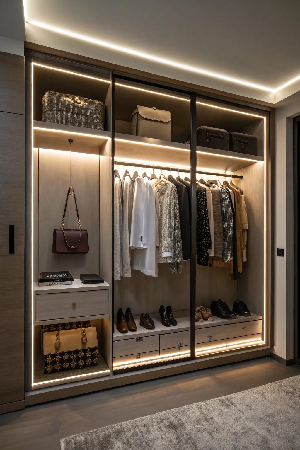 Cove lighting gives a subtle, dramatic element to your closet environment.