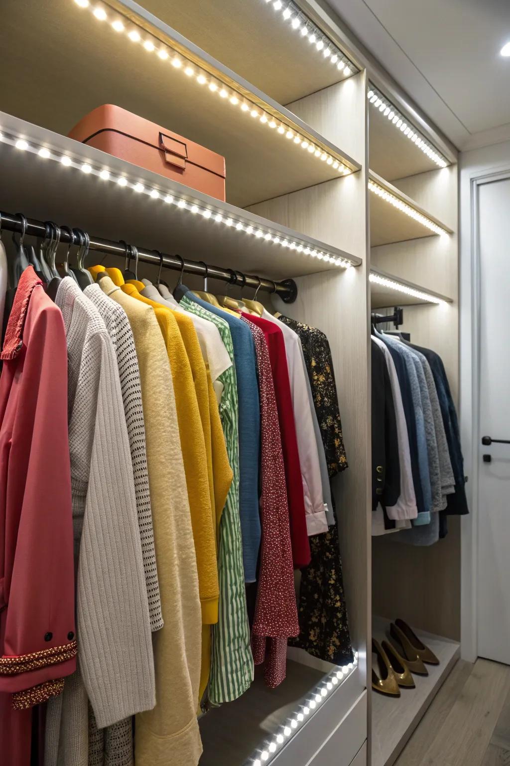 LED-integrated hangers combine style and functionality in closet design.