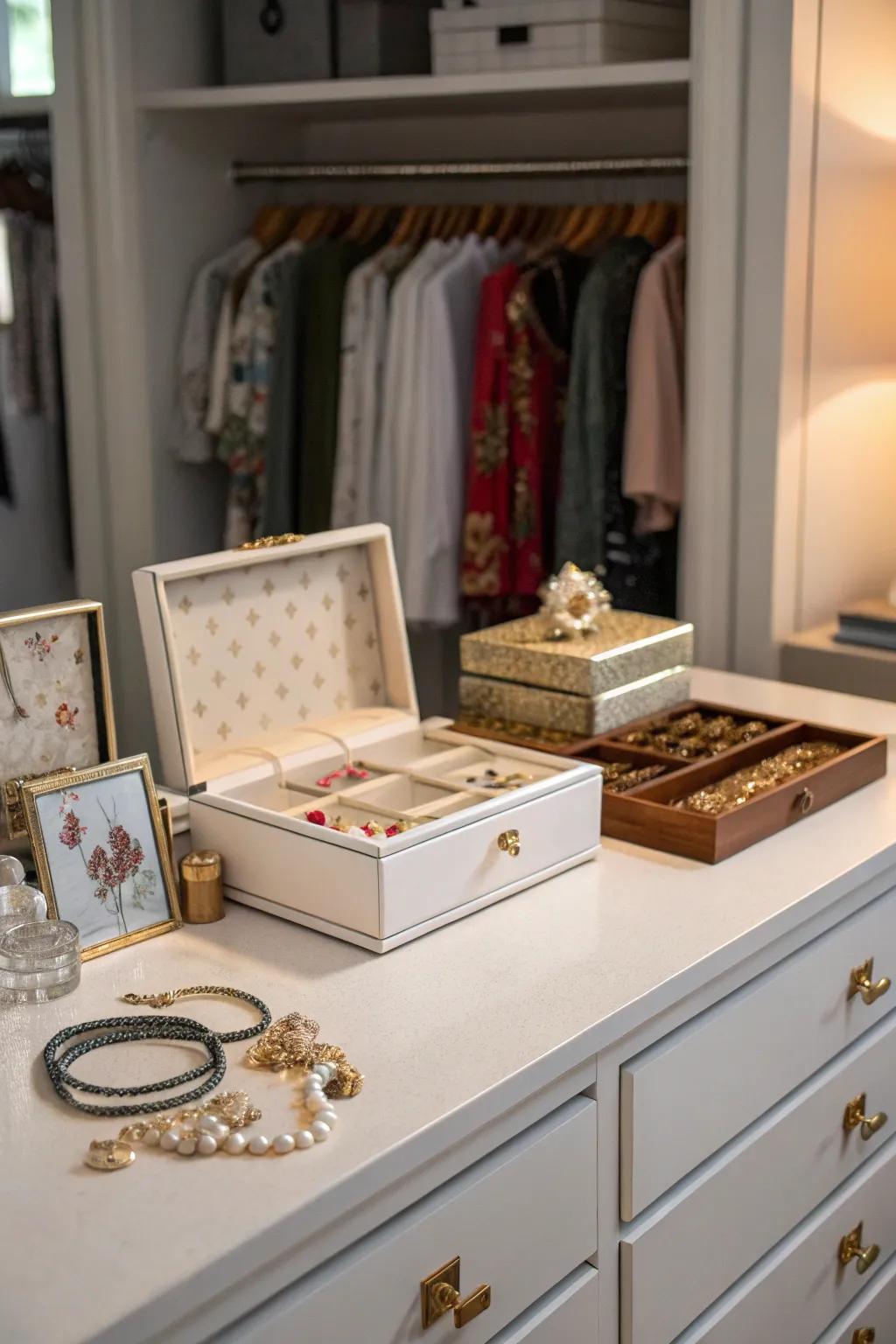 Personalizing the dresser top with ornamental items.