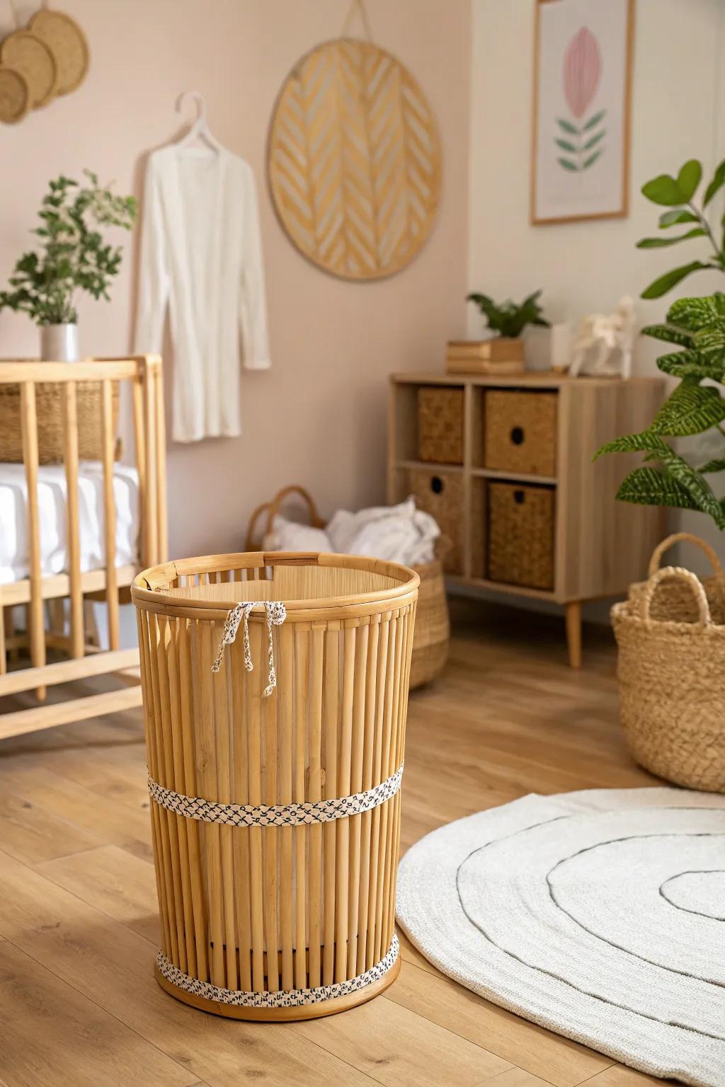 A bamboo bin adds a sustainable and antibacterial option for cloth wrap storage.