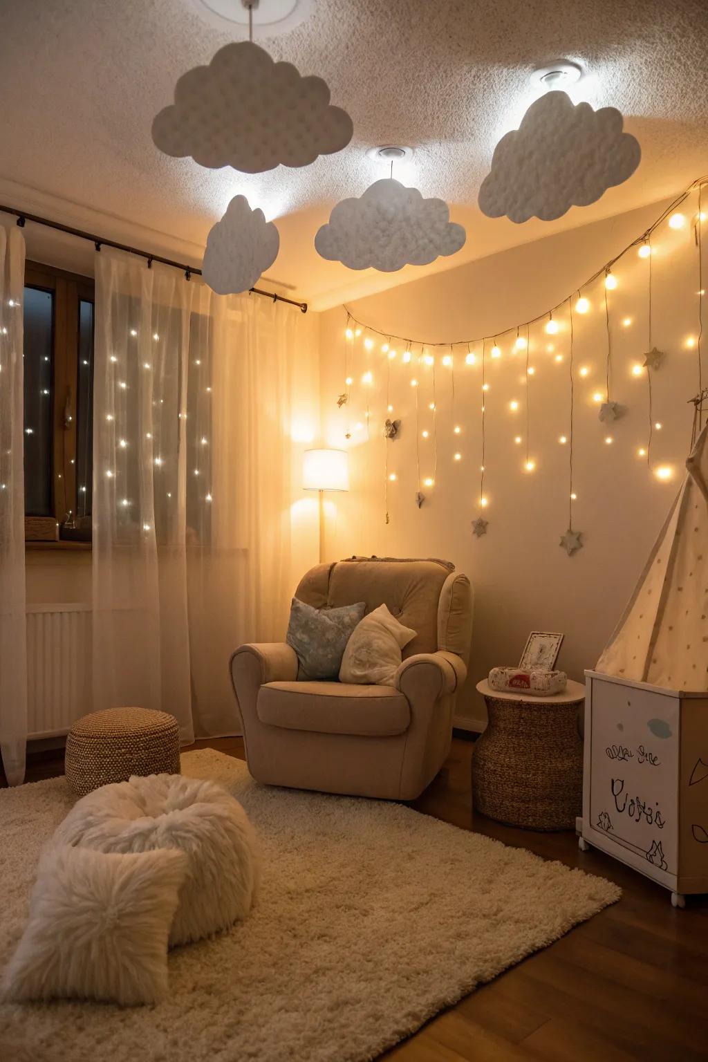 Soft ambient lighting enhances the dreamy atmosphere of a sky-themed baby shower.