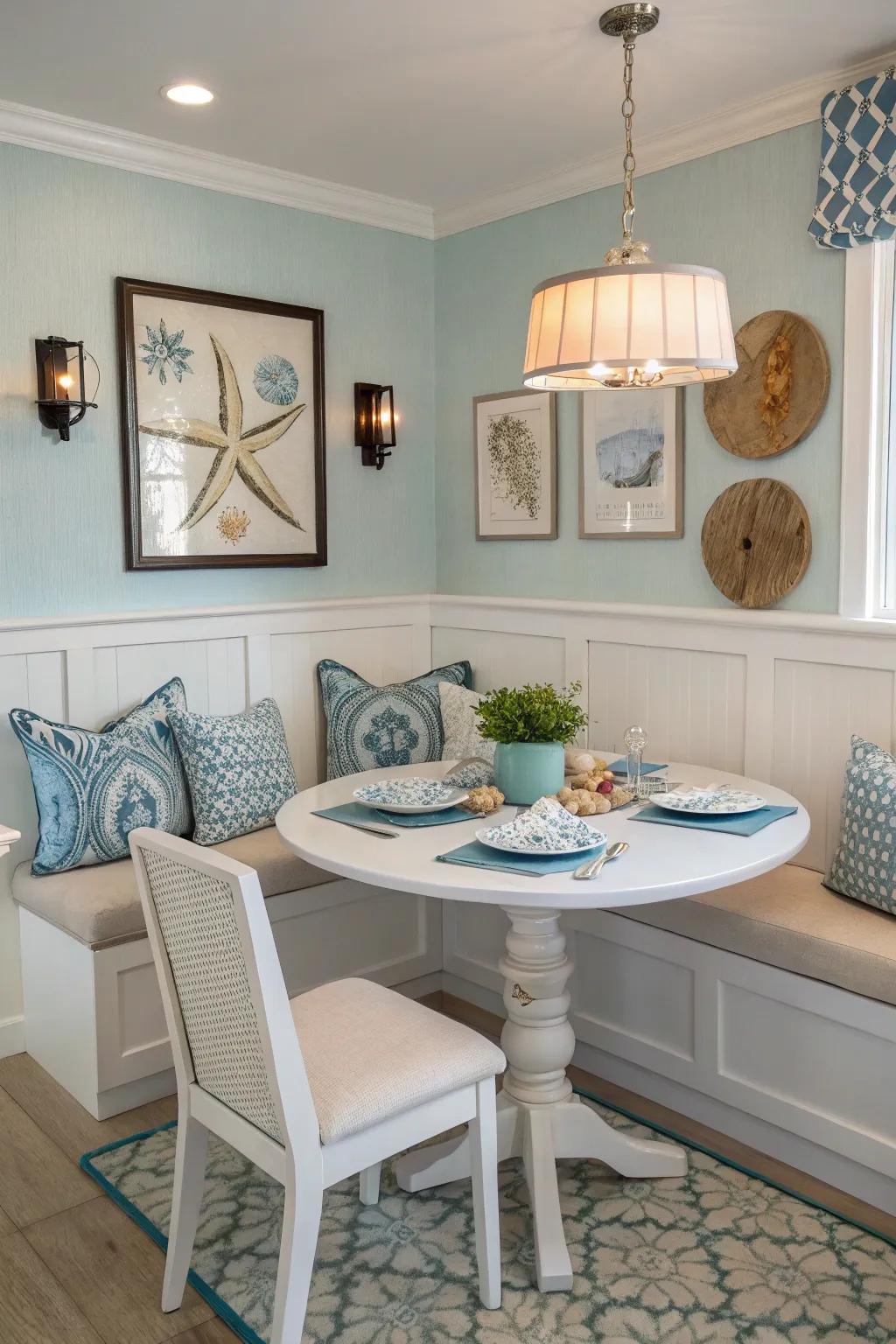 Banquette seating creates a cozy corner in the dining room.