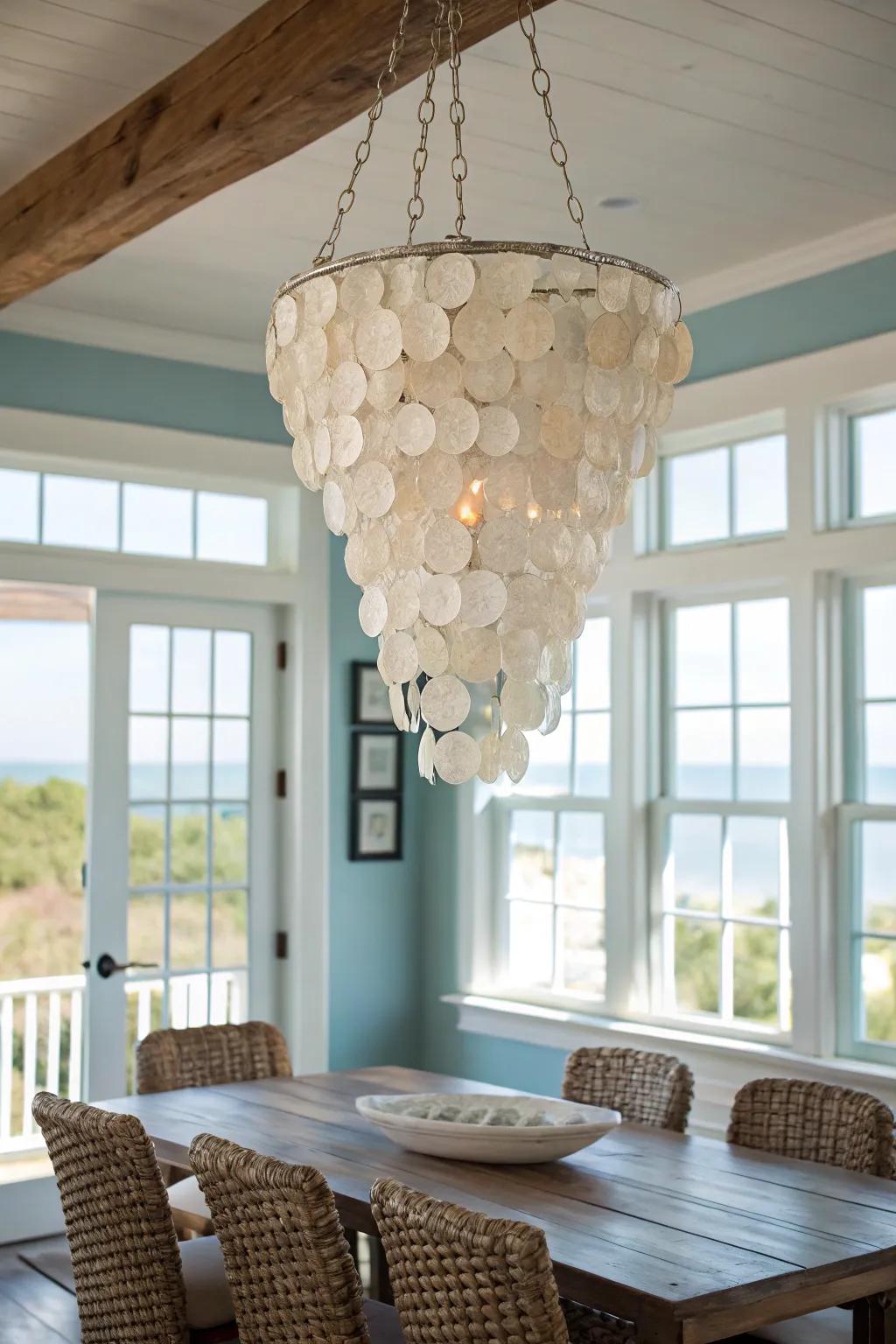 Pearl panel chandeliers shimmer with oceanic refinement.