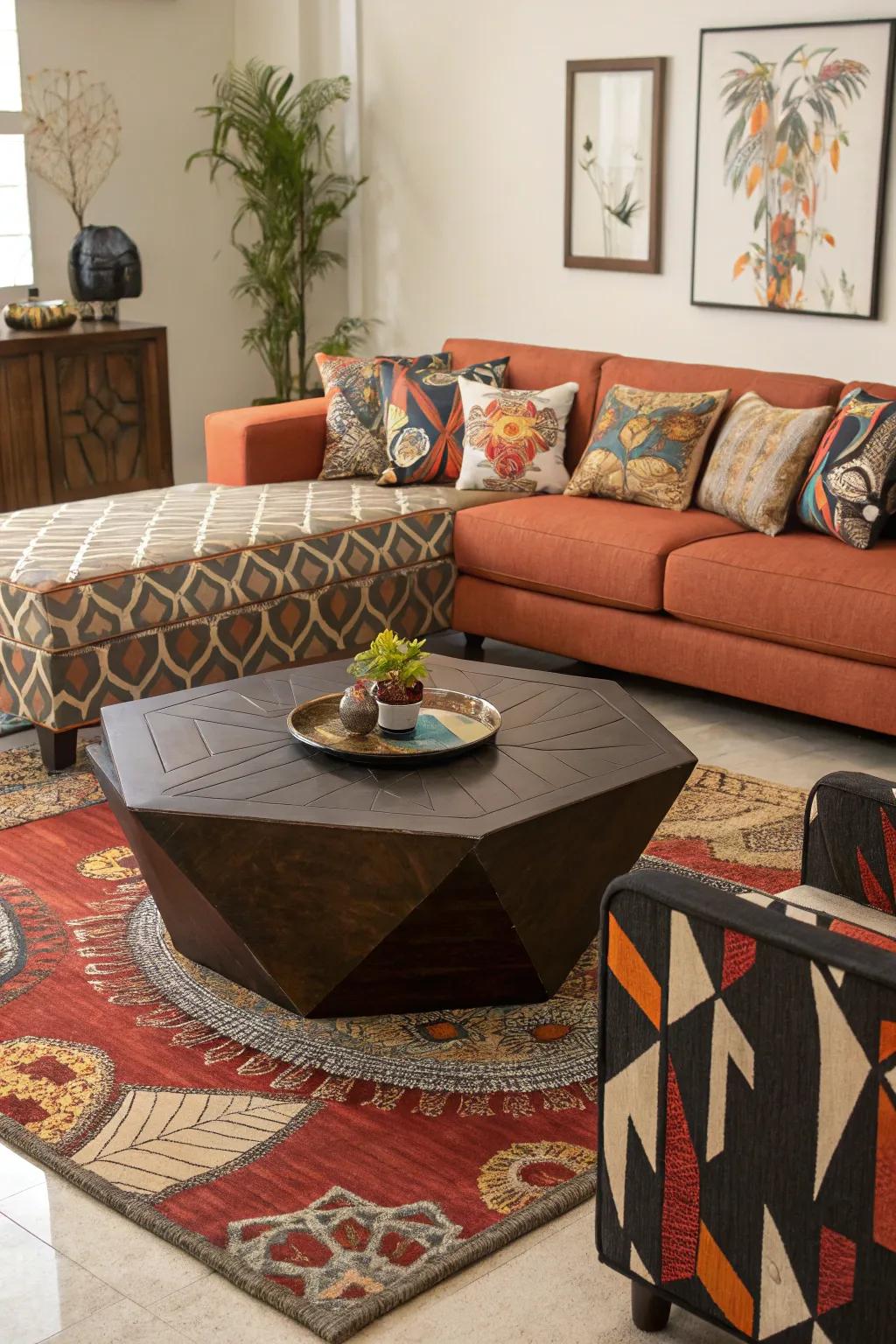A uniquely formed centerpiece table transforms into the focal point of a creative family room.