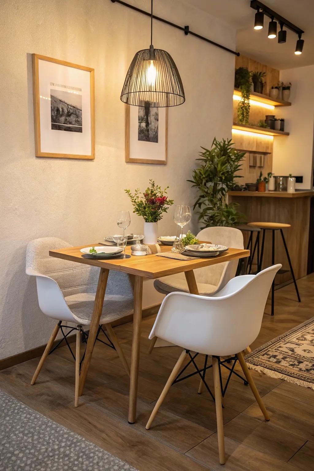 A small dining area with a versatile table perfect for meals and studying.