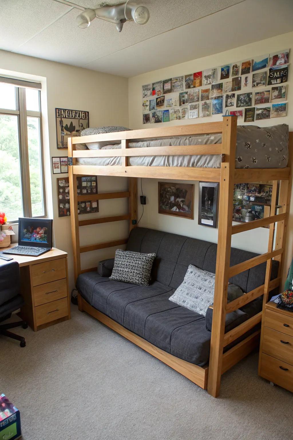 A futon under the high sleeper adds seating and sleeping space.