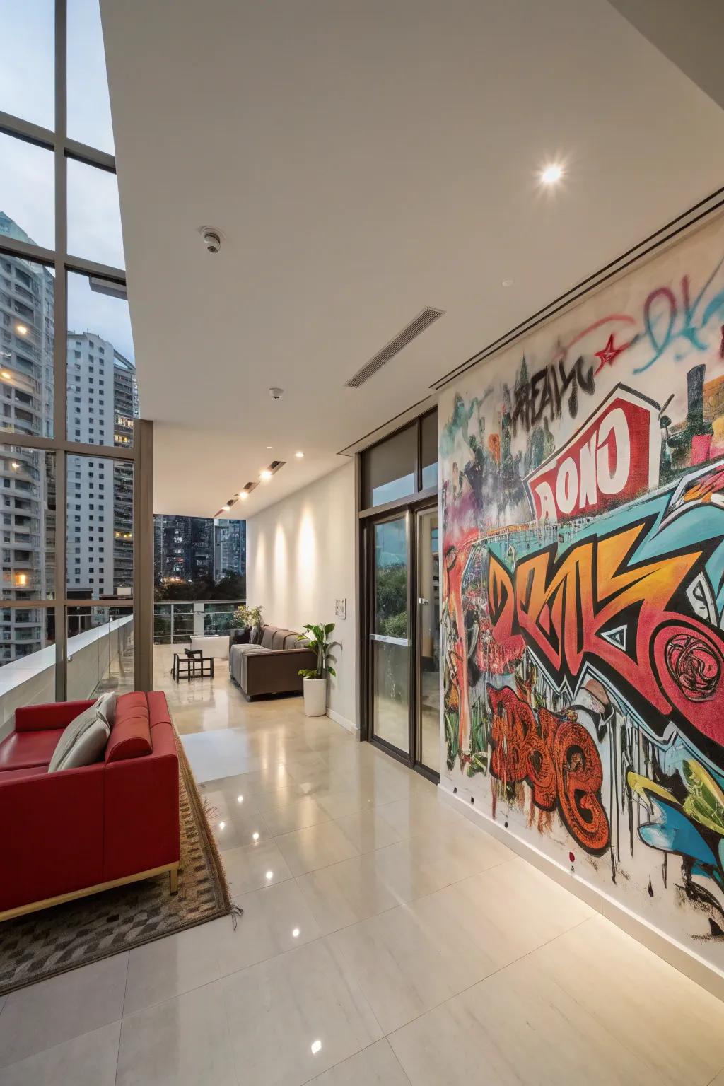 A modern apartment featuring graffiti with an urban art theme.