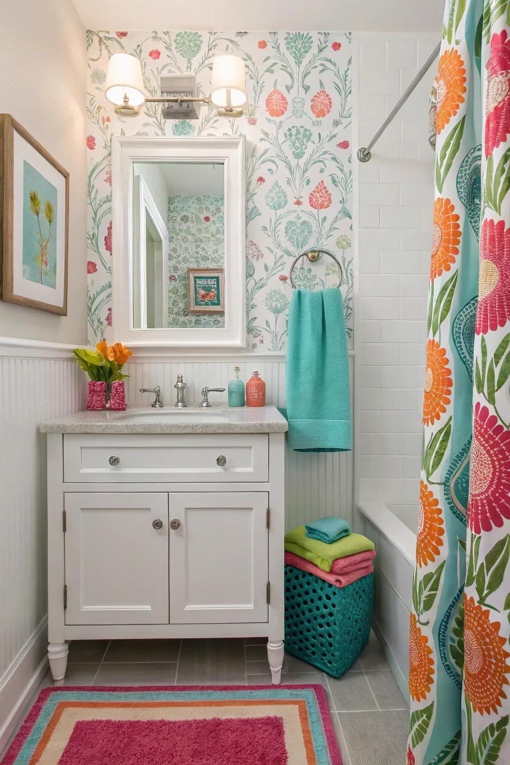 Aligned decor and colorful accessories foster harmony in this powder room.