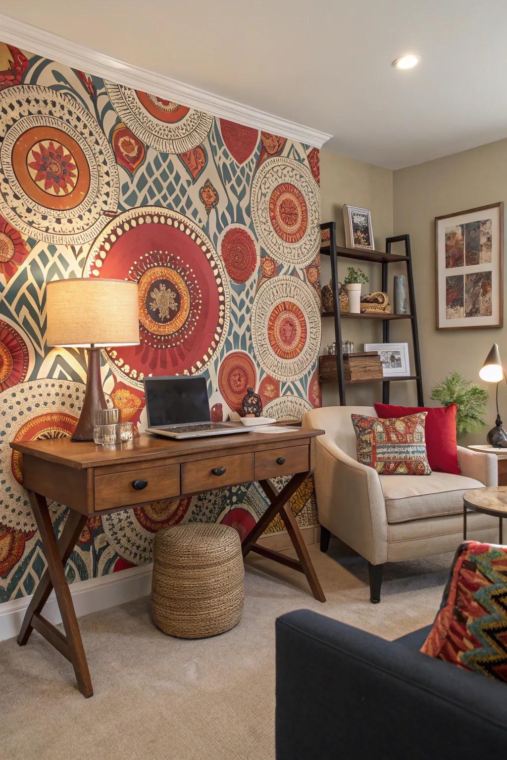 A striking wall adds personality to the workspace.