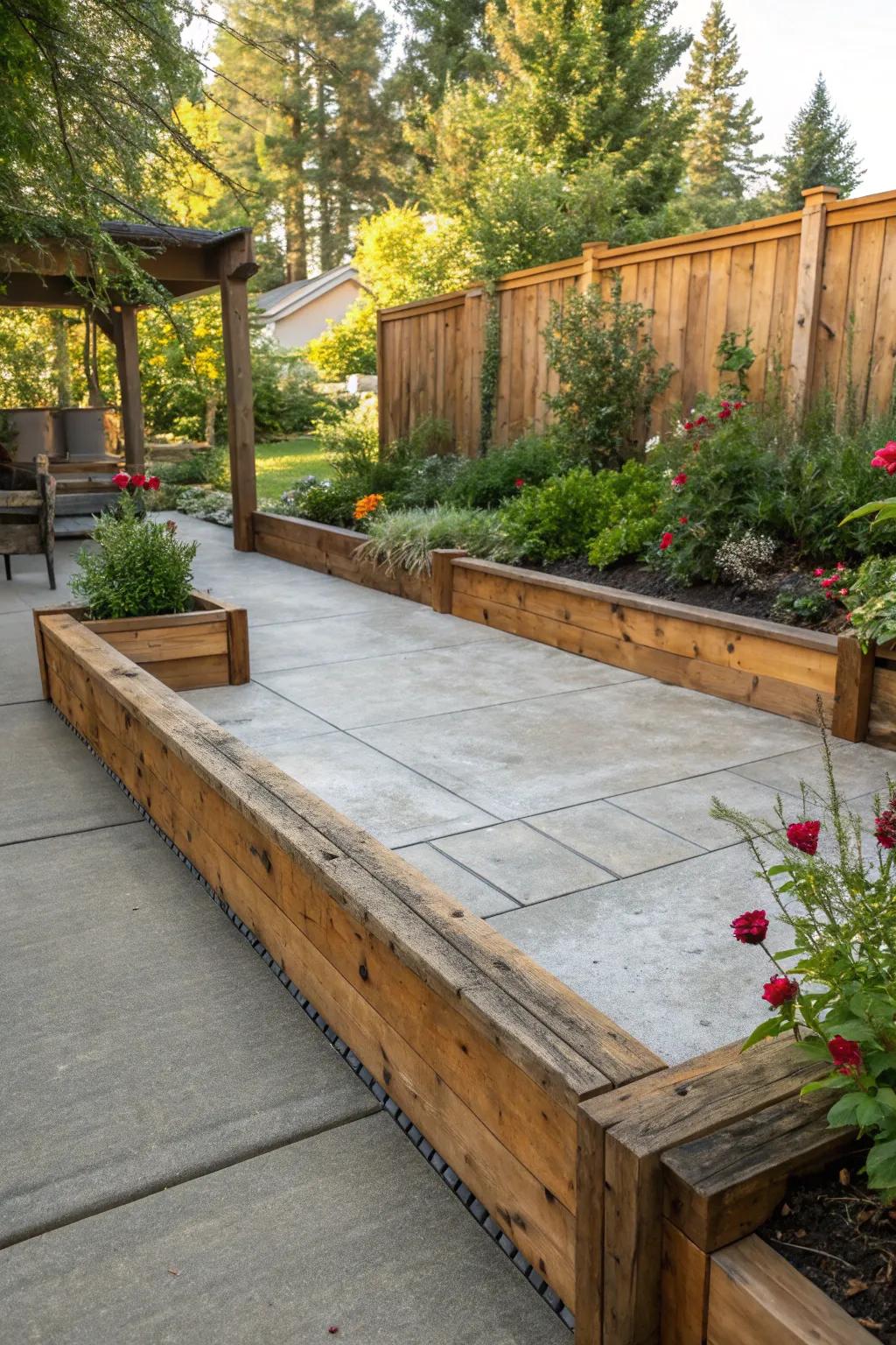 Rustic timber borders infuse patios with warmth and character.