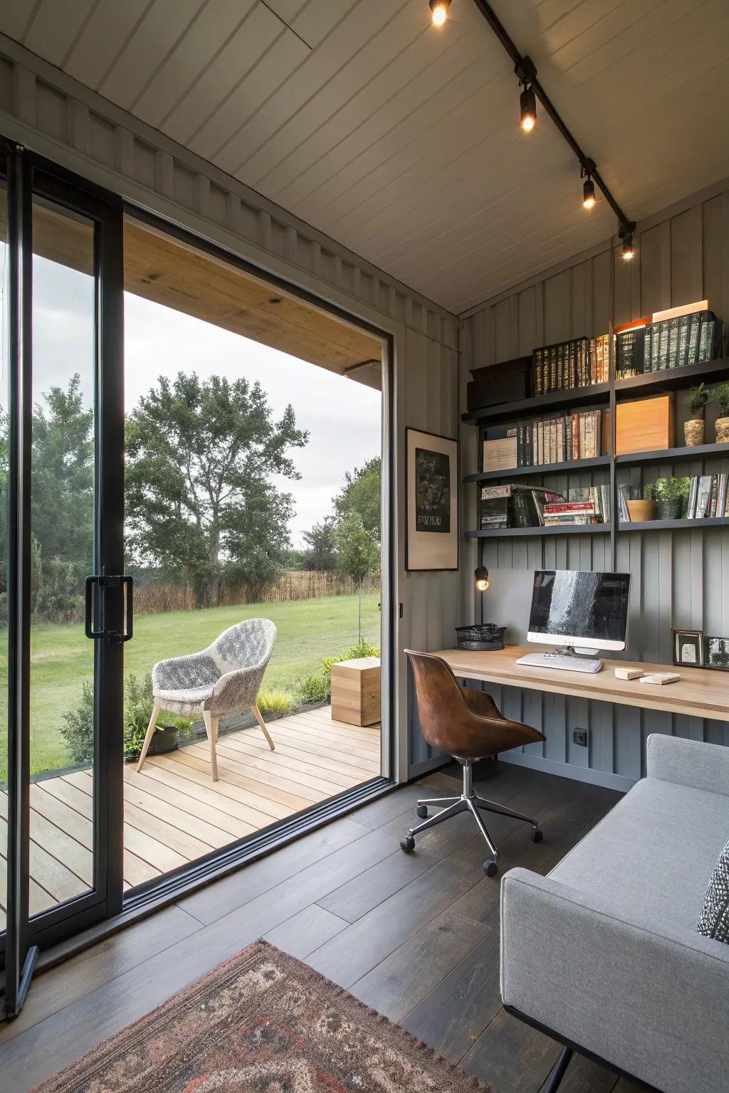 Design a container office for a peaceful and productive work environment.