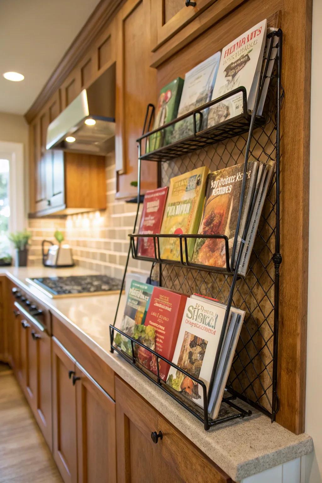 Periodical stands present a compact arrangement option for cookbooks.