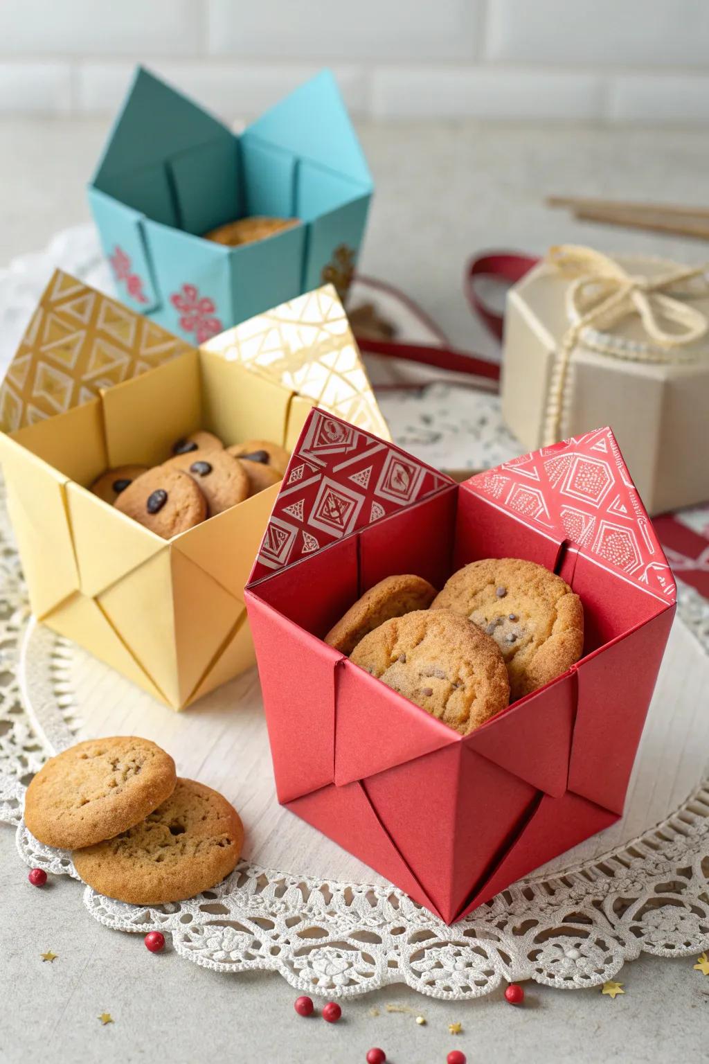 Folded paper-themed containers impart an artistic highlight to cookie wrapping.