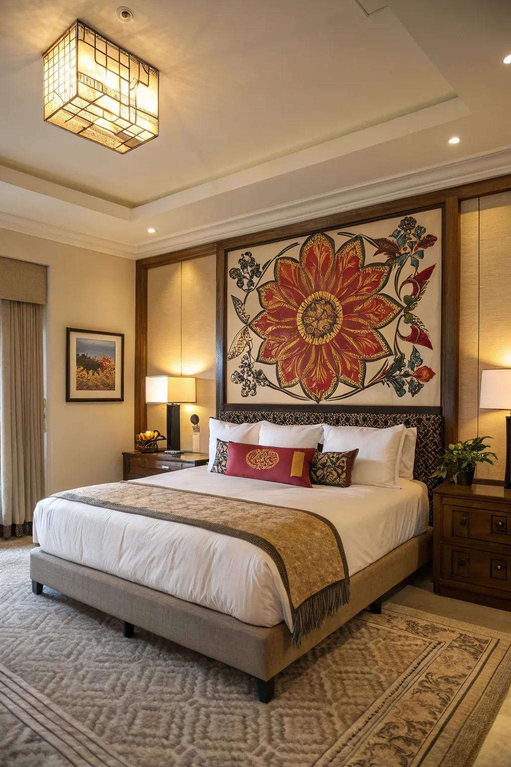 Artistic details add sophistication and visual interest to the bedroom.