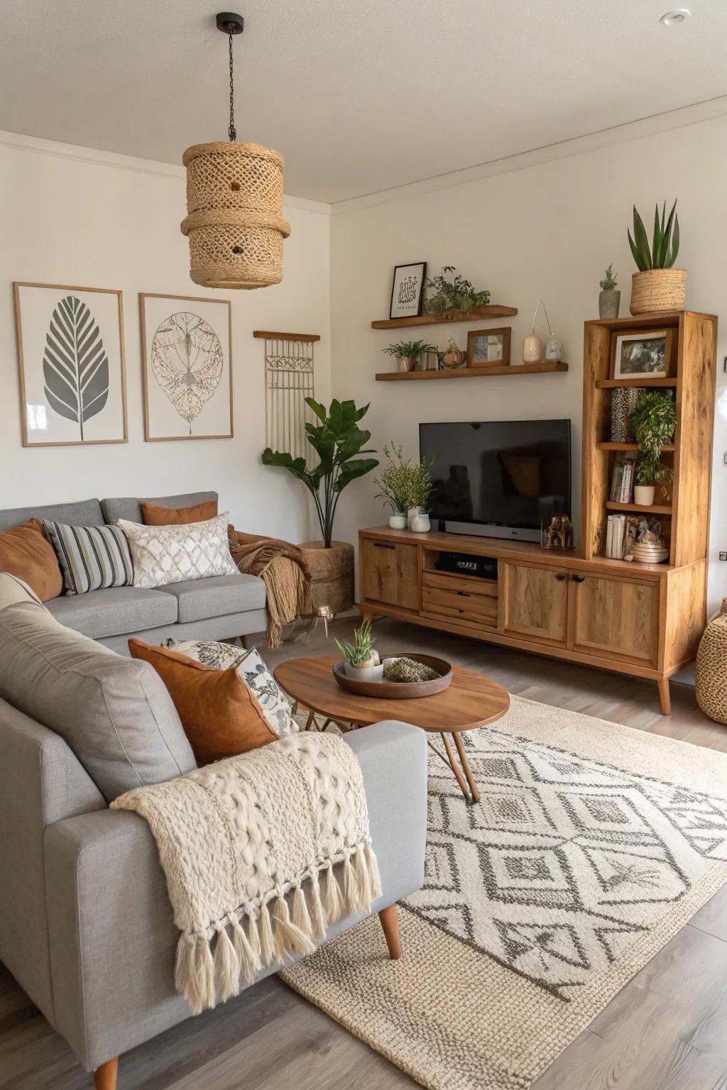 A harmonious mix of contemporary, agrarian, and bohemian aesthetics forges a singular living space.