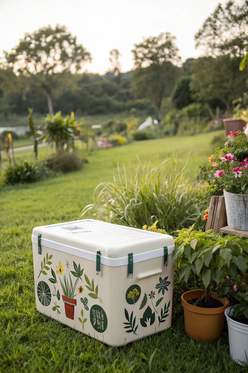 A cooler with eco-friendly stickers in a lush garden.