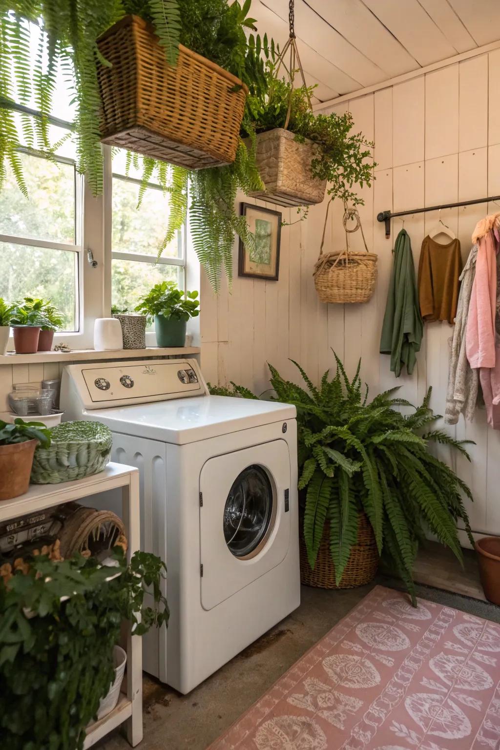 Greenery incorporates a revitalizing touch to your laundry room.