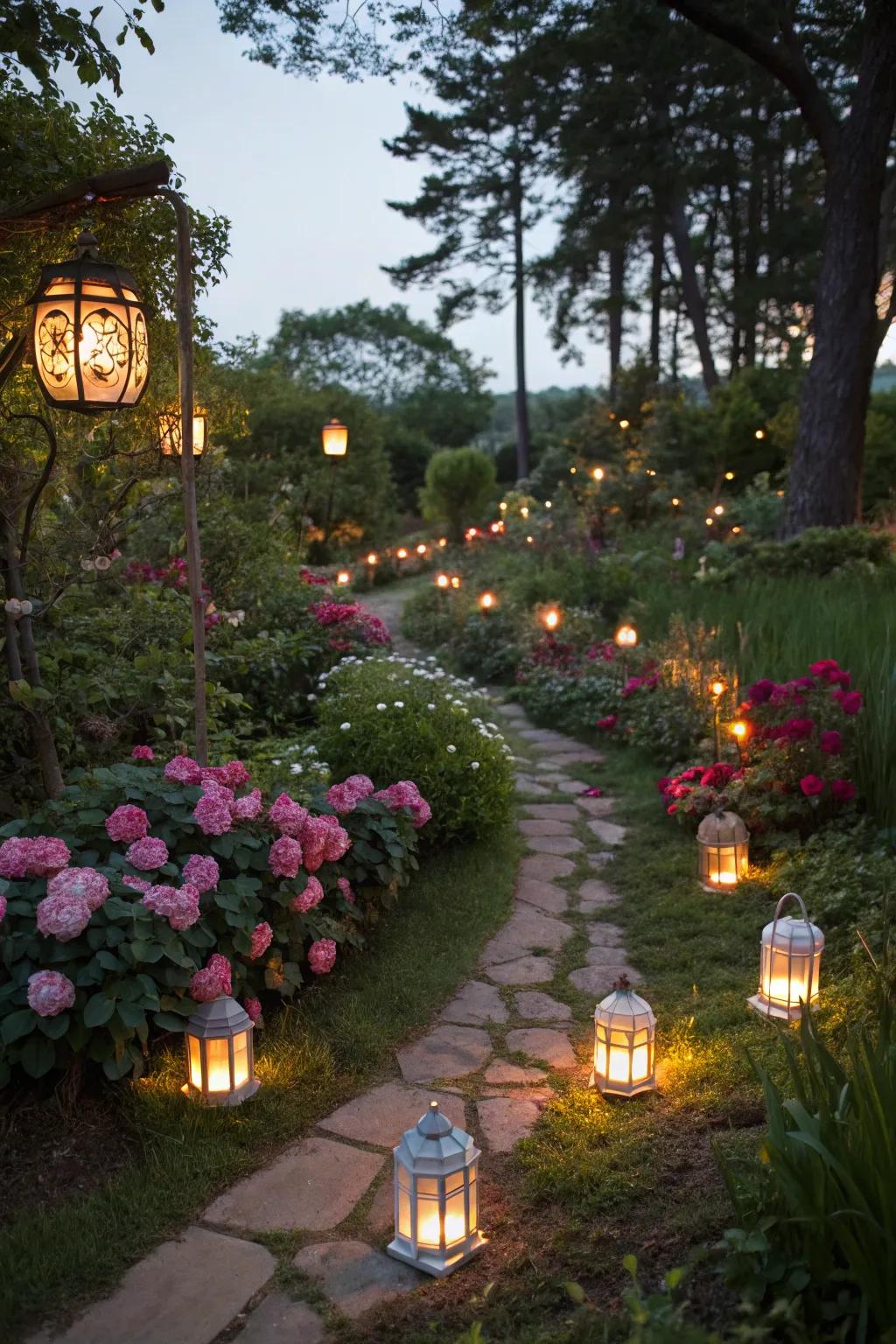 A garden with a fairytale hint from playful beacons.