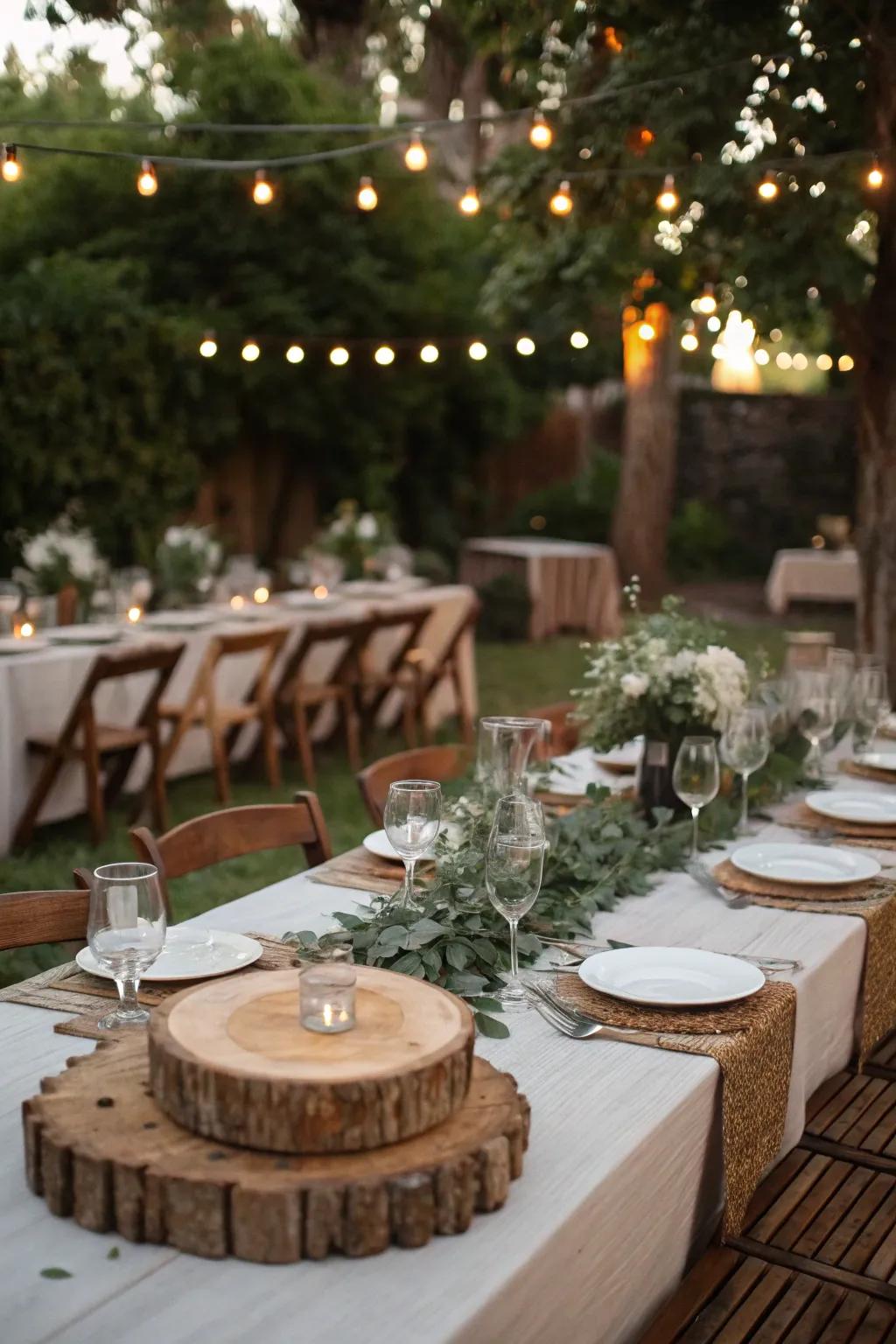 Rustic wedding tables showcasing wood board design and simple glassware.