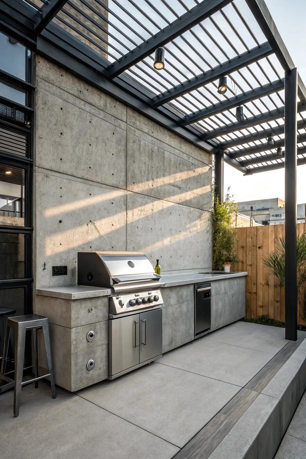 An industrial chic design offers a stylish and durable BBQ area.