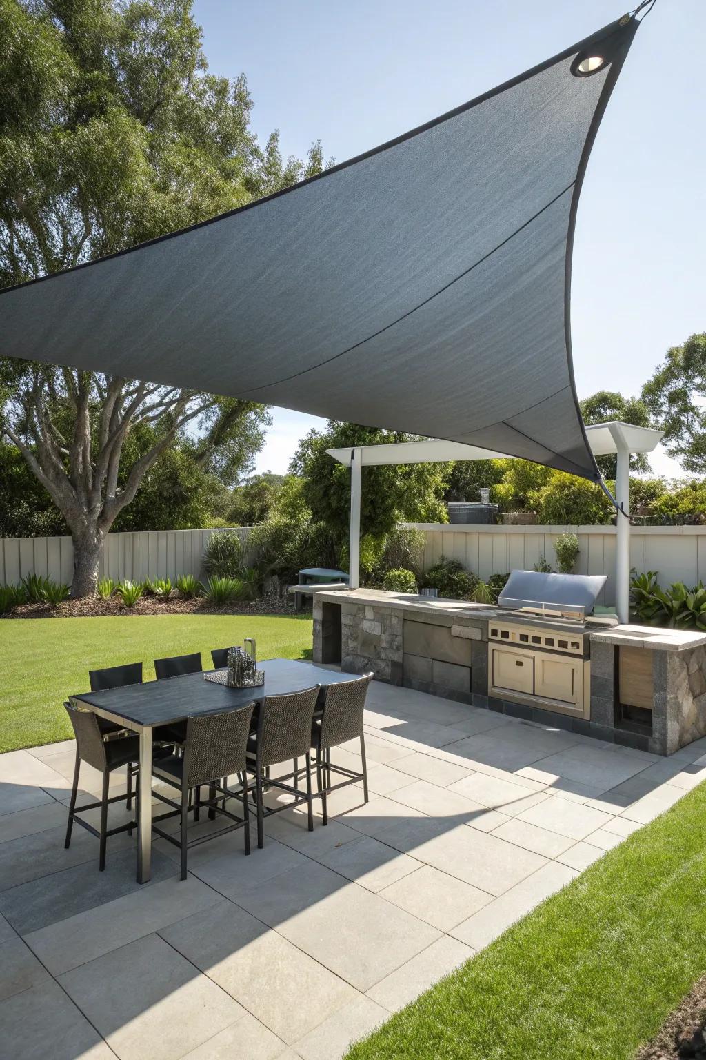 A simple sail shade offering stylish cover for a grill area.
