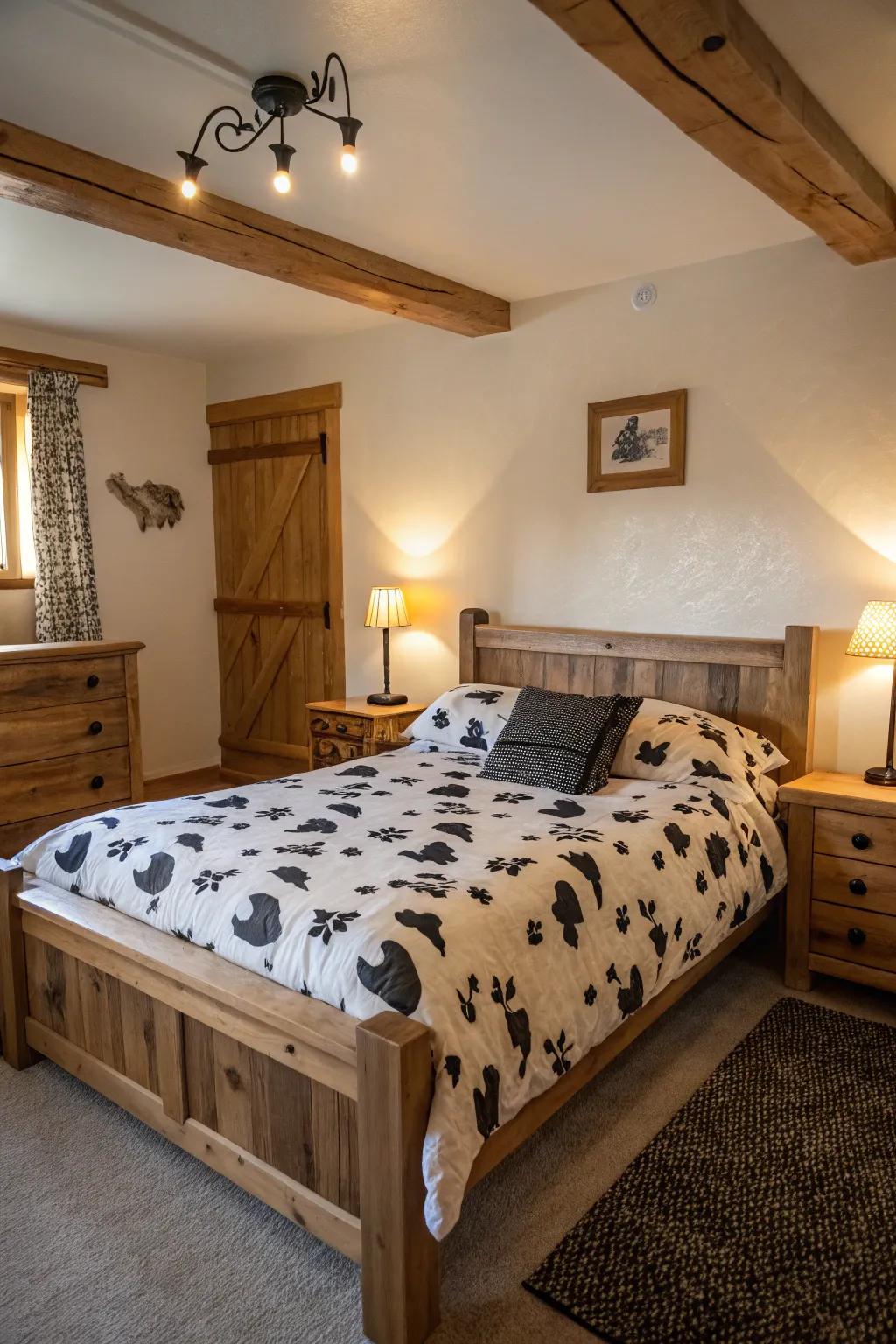 A spotted bovine quilt provides warmth and style to any kind of bedroom setting.