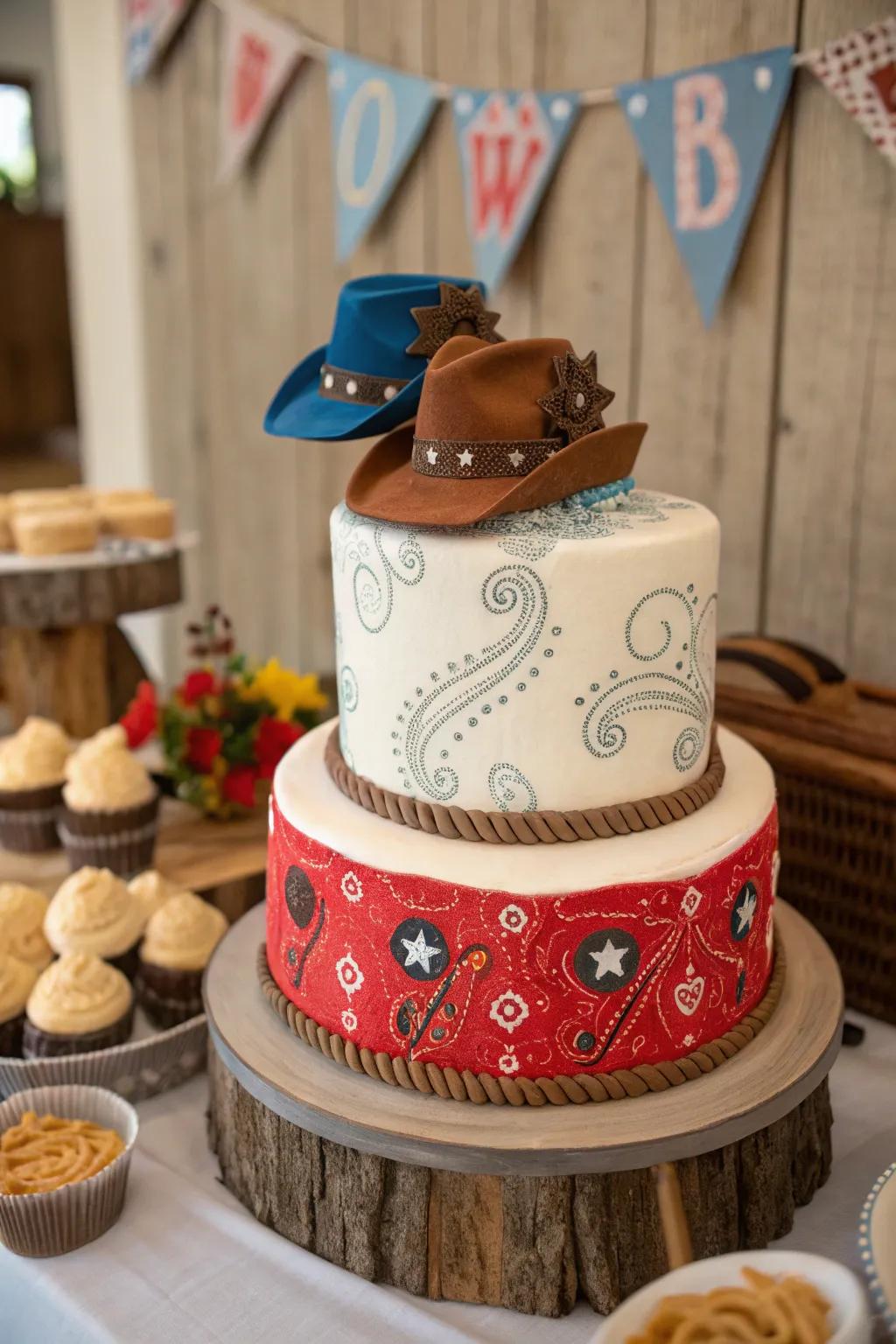 A handkerchief pattern imparts a splash of color and classic cowgirl style to this cake.