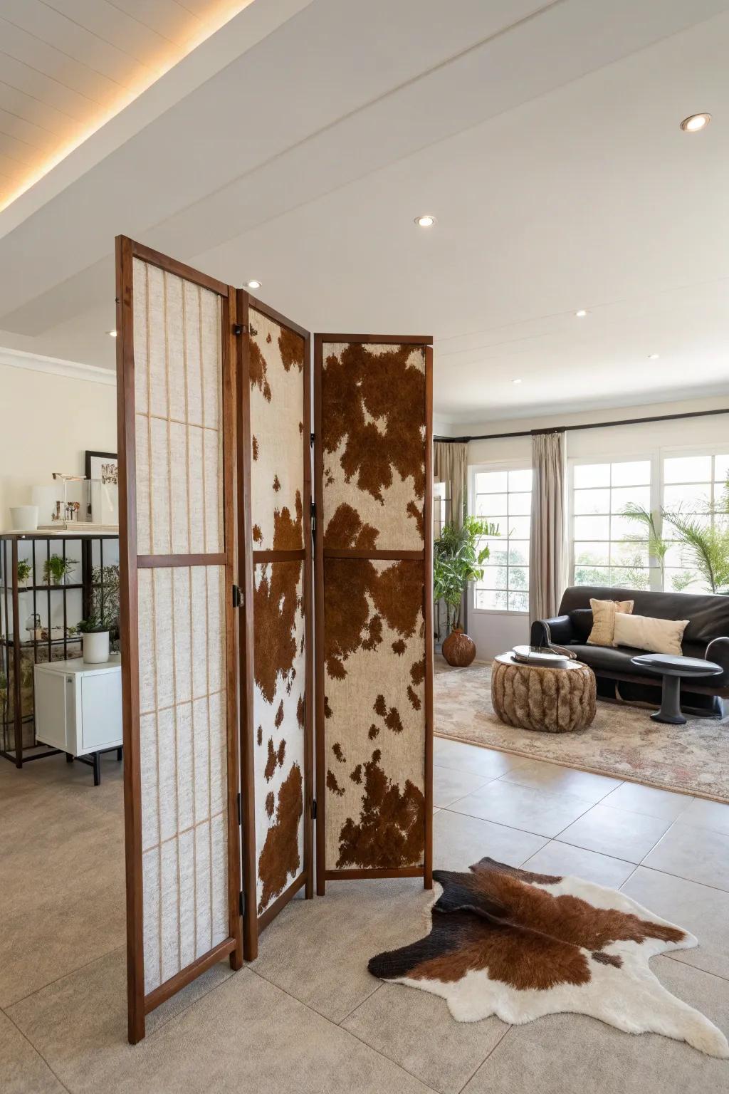 A cowhide rug used as a creative room divider in an open space.