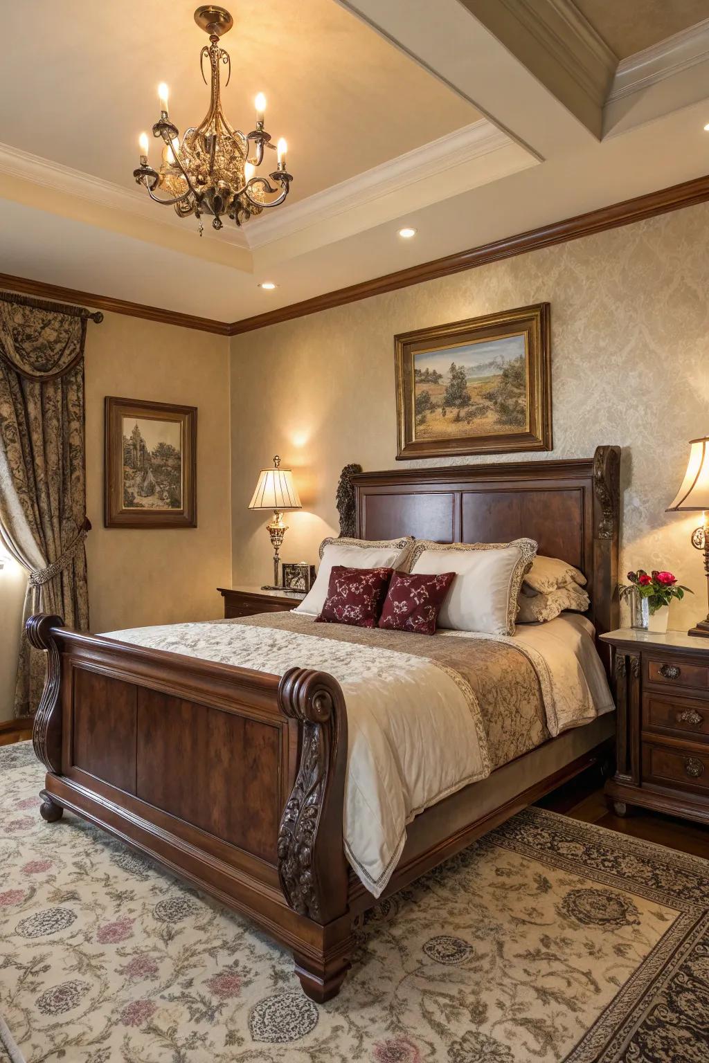An elegant bedroom showcasing a timeless cherrywood platform.