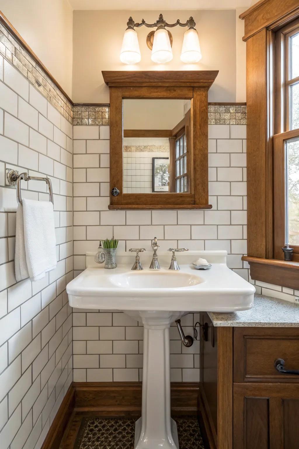 Classic subway tiles elevating the craftsman bathroom design.