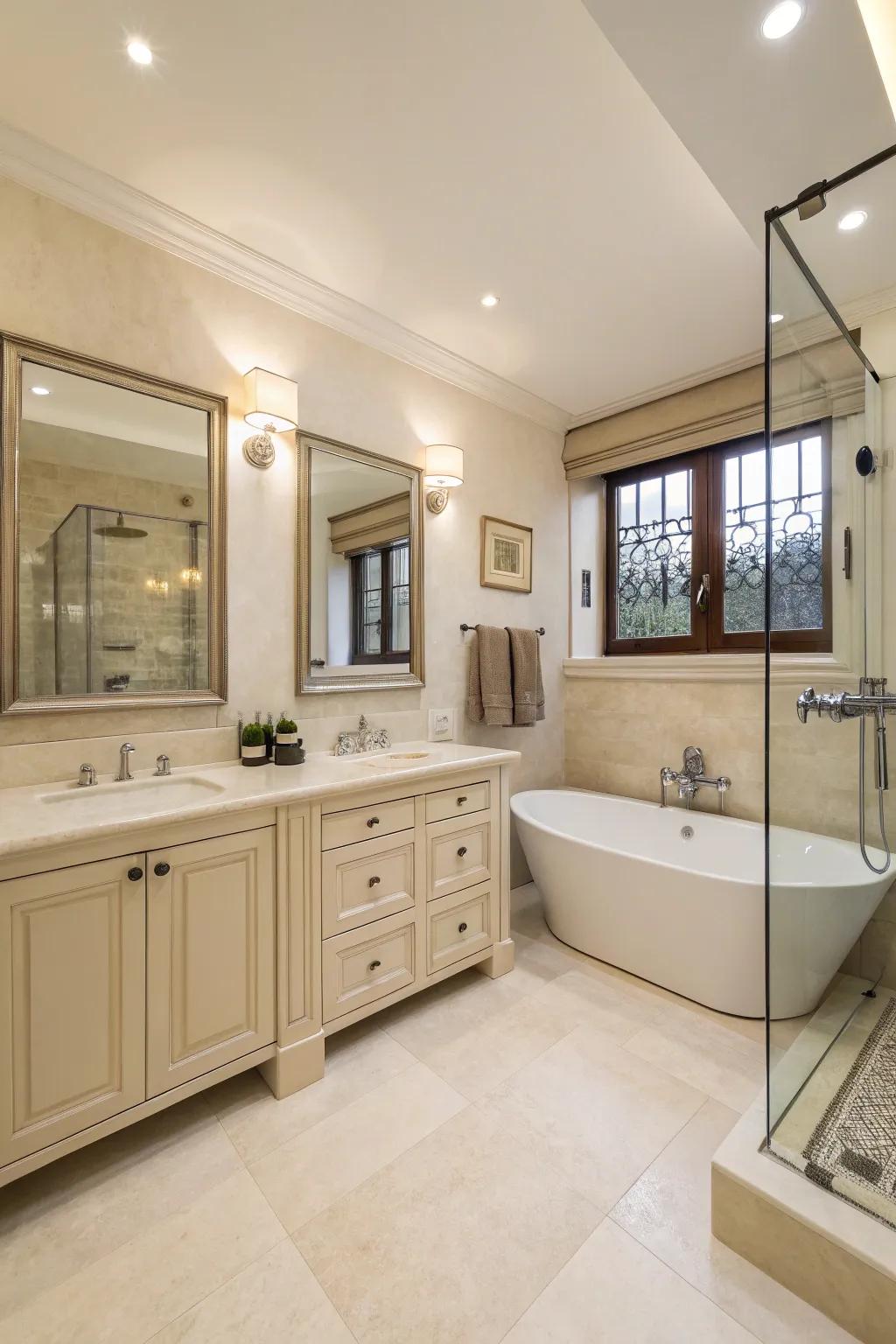 A functional layout enhances comfort in this cream bathroom.