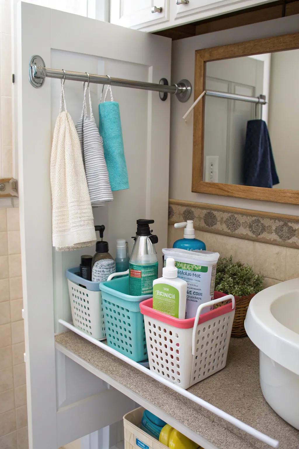 Tension sticks provide hanging storage in often overlooked spaces.