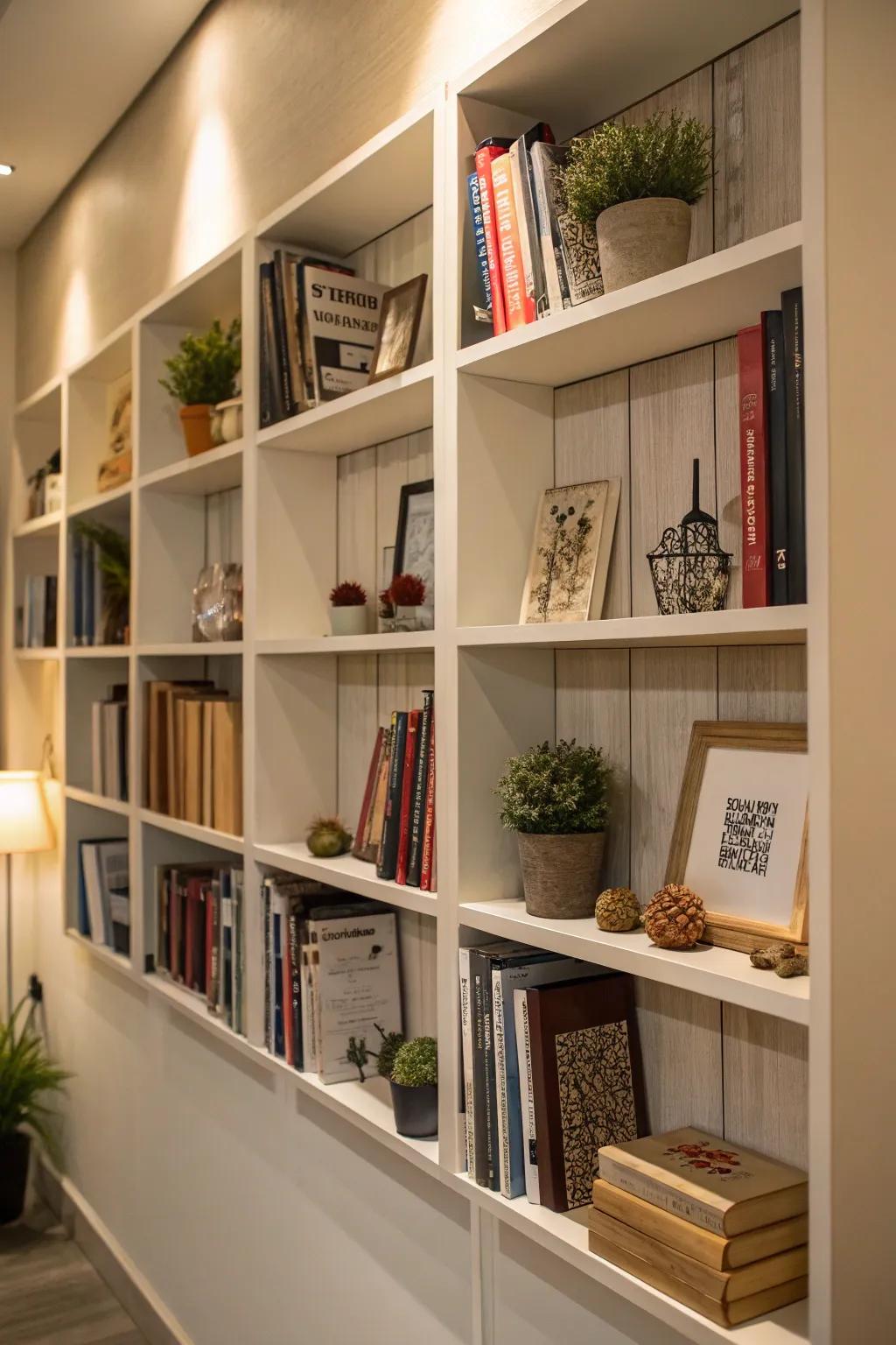 Box shelves provide arranged and visually pleasing book storage.