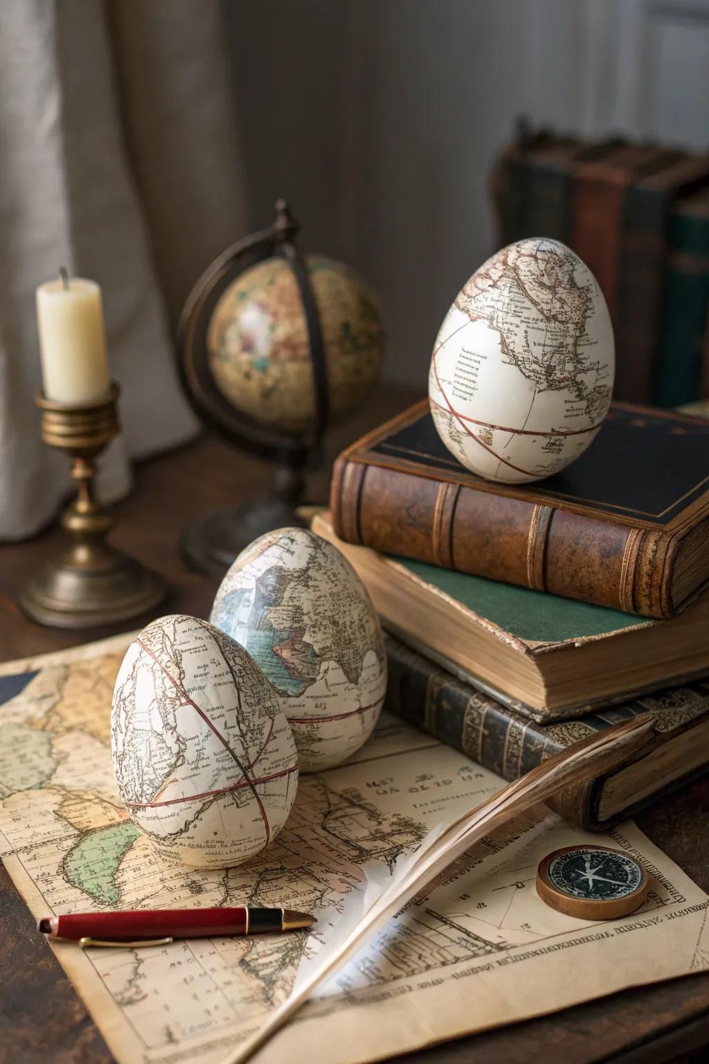 Old map eggs that add a feeling of the past to travel-theme decor.