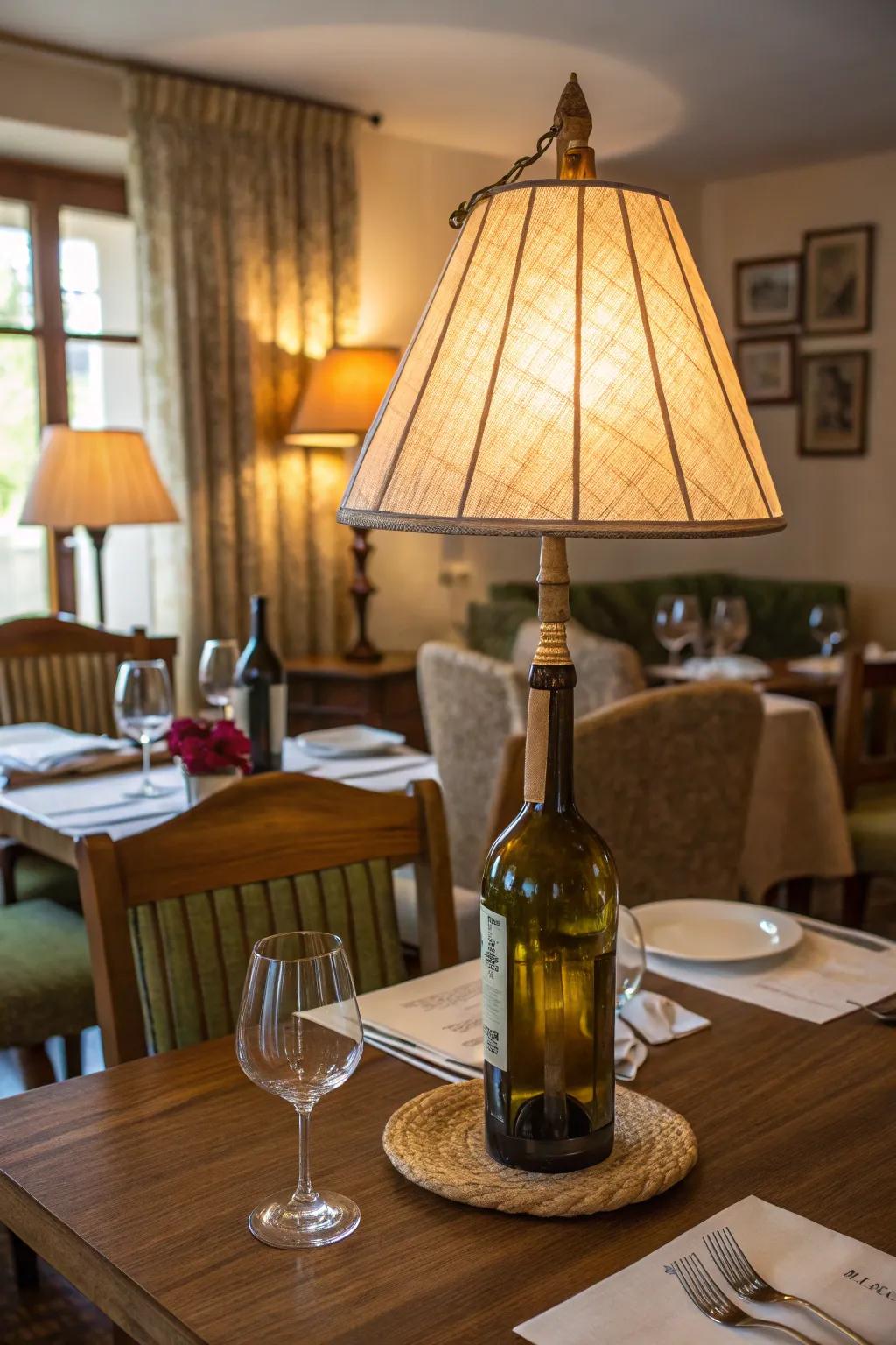 A wine bottle lamp adds character to a dining space.