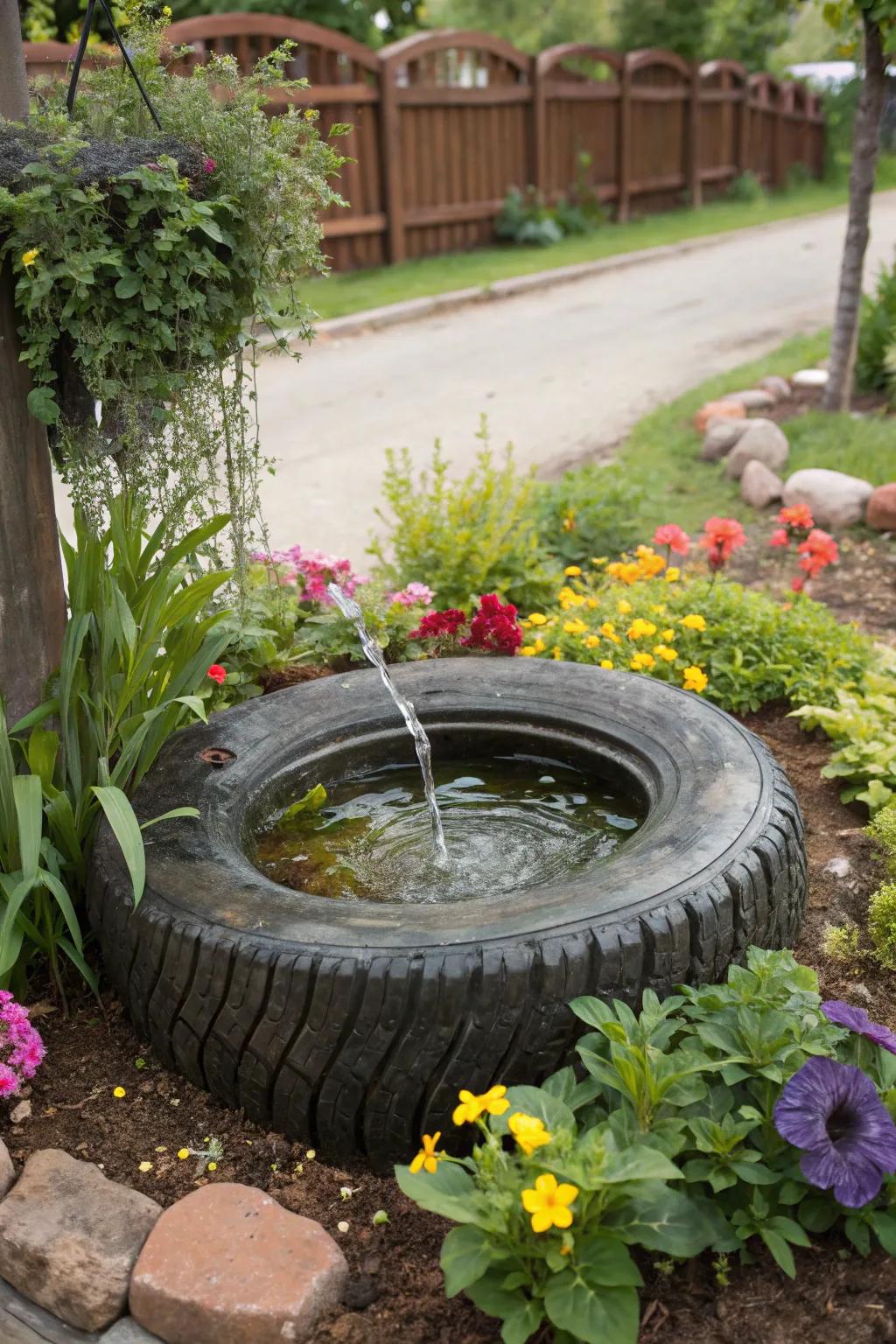 Serene water feature using a tire as the centerpiece.