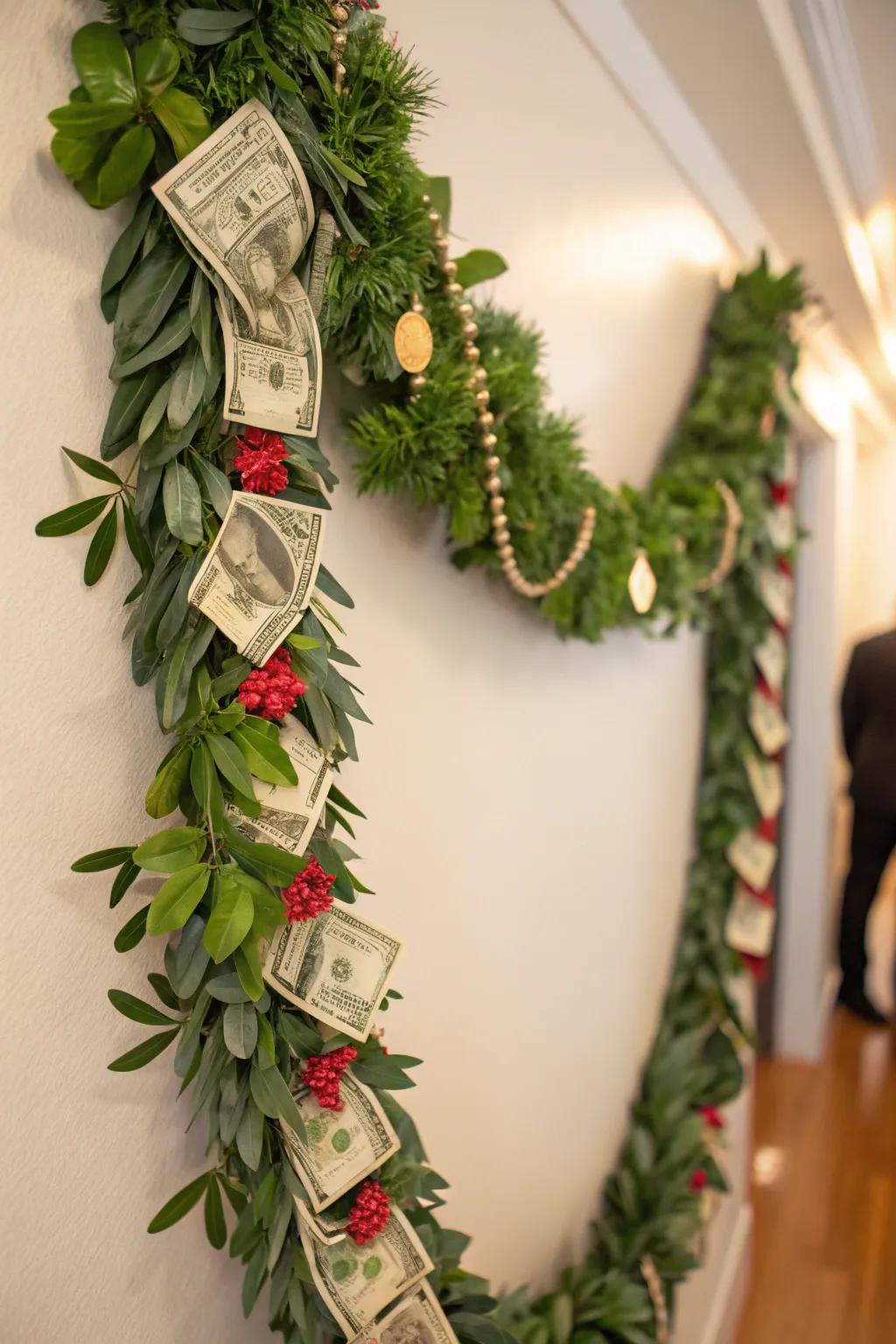 A celebratory monetary garland suitable for the holidays.