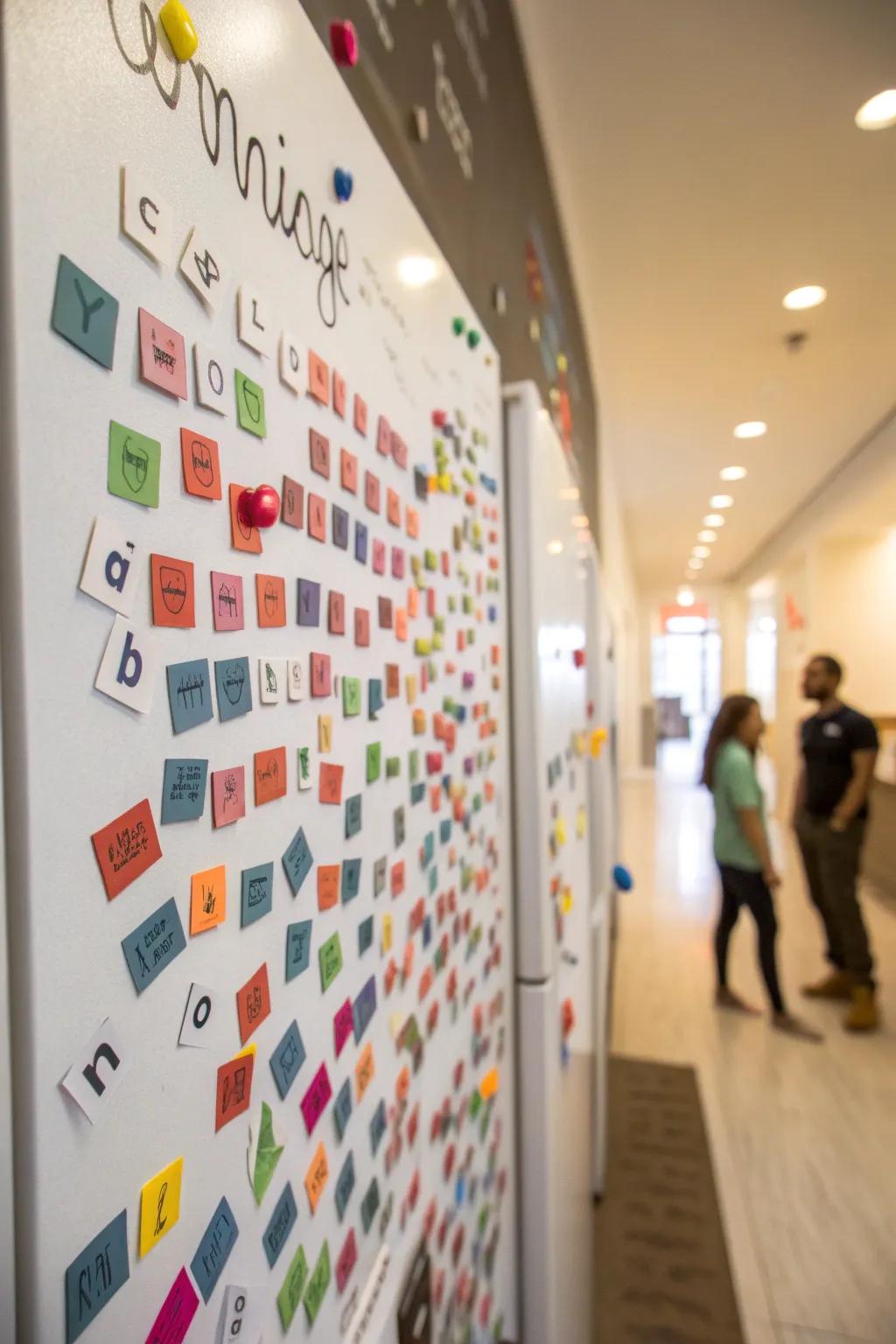 A magical word wall featuring movable words on a magnetic board