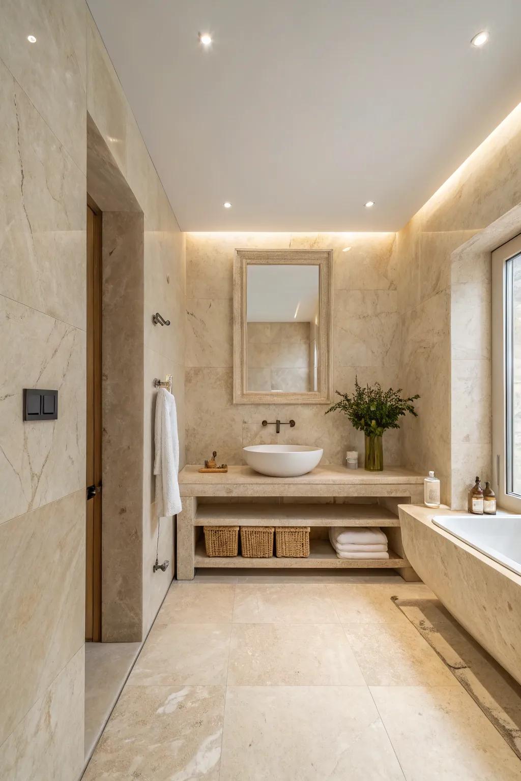 A stylish and minimalist bathroom featuring crema marfil.