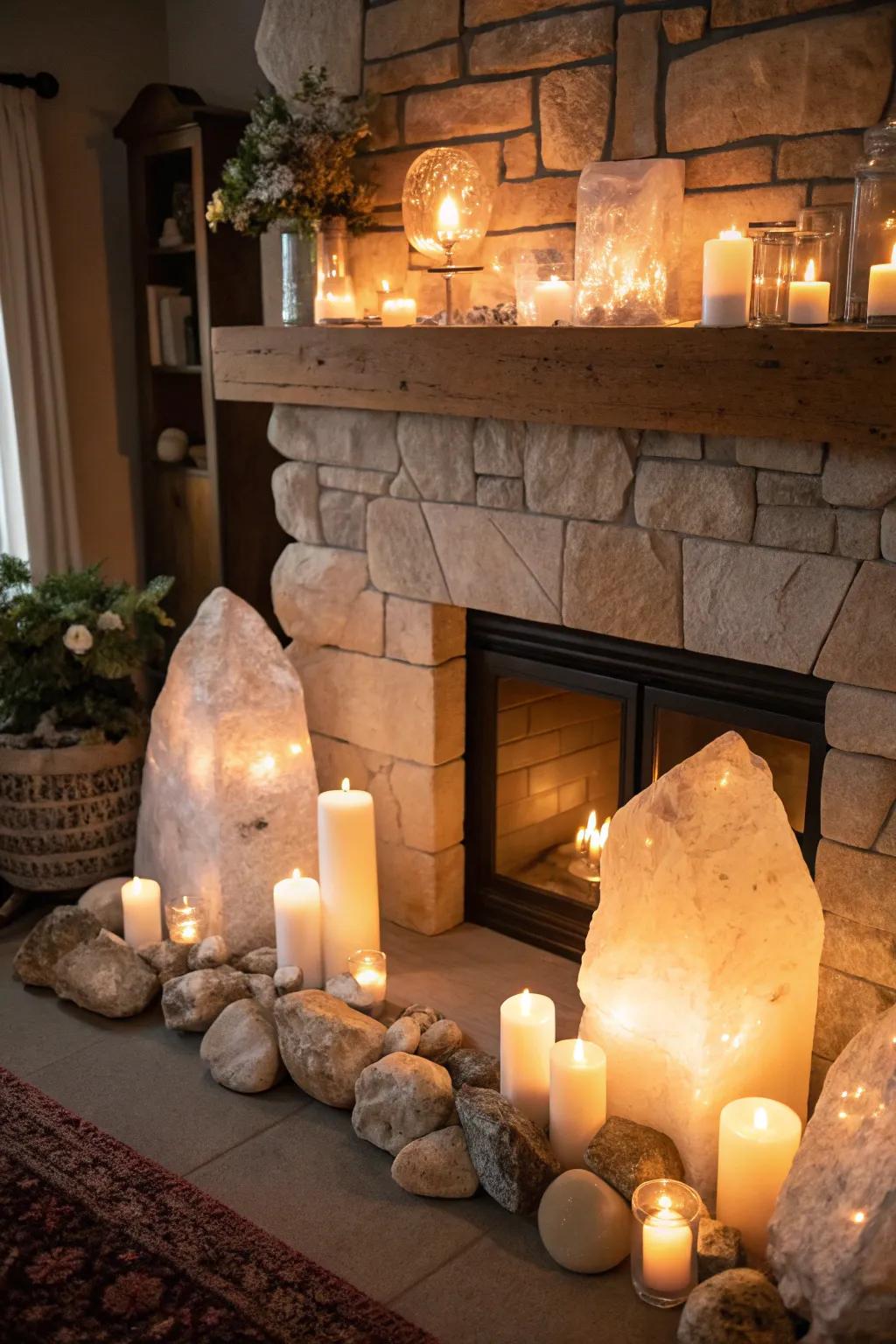 A fireplace reimagined as a snug crystal haven.