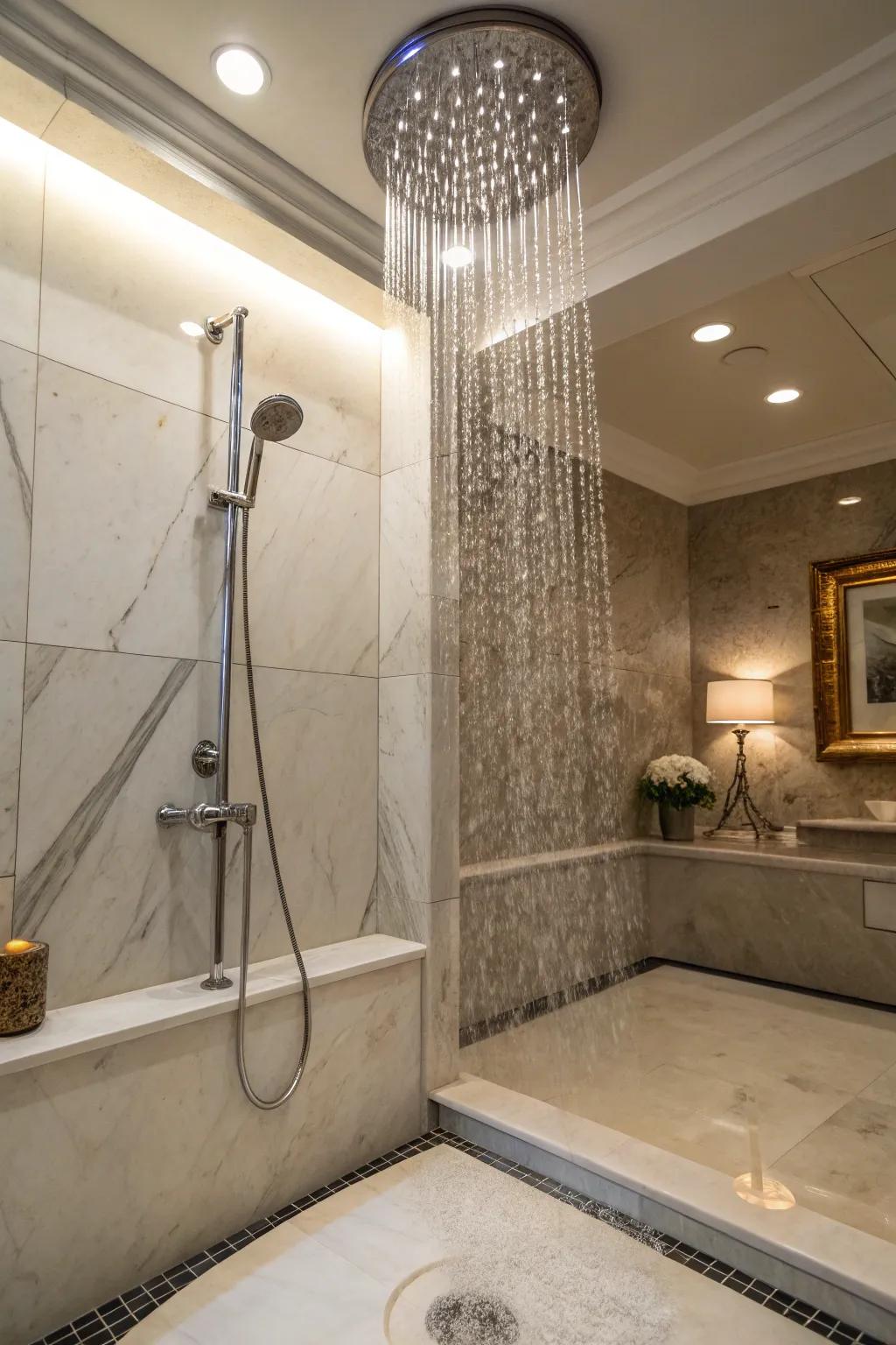 A rainfall showering device complements the elegance of cultured marble showers.