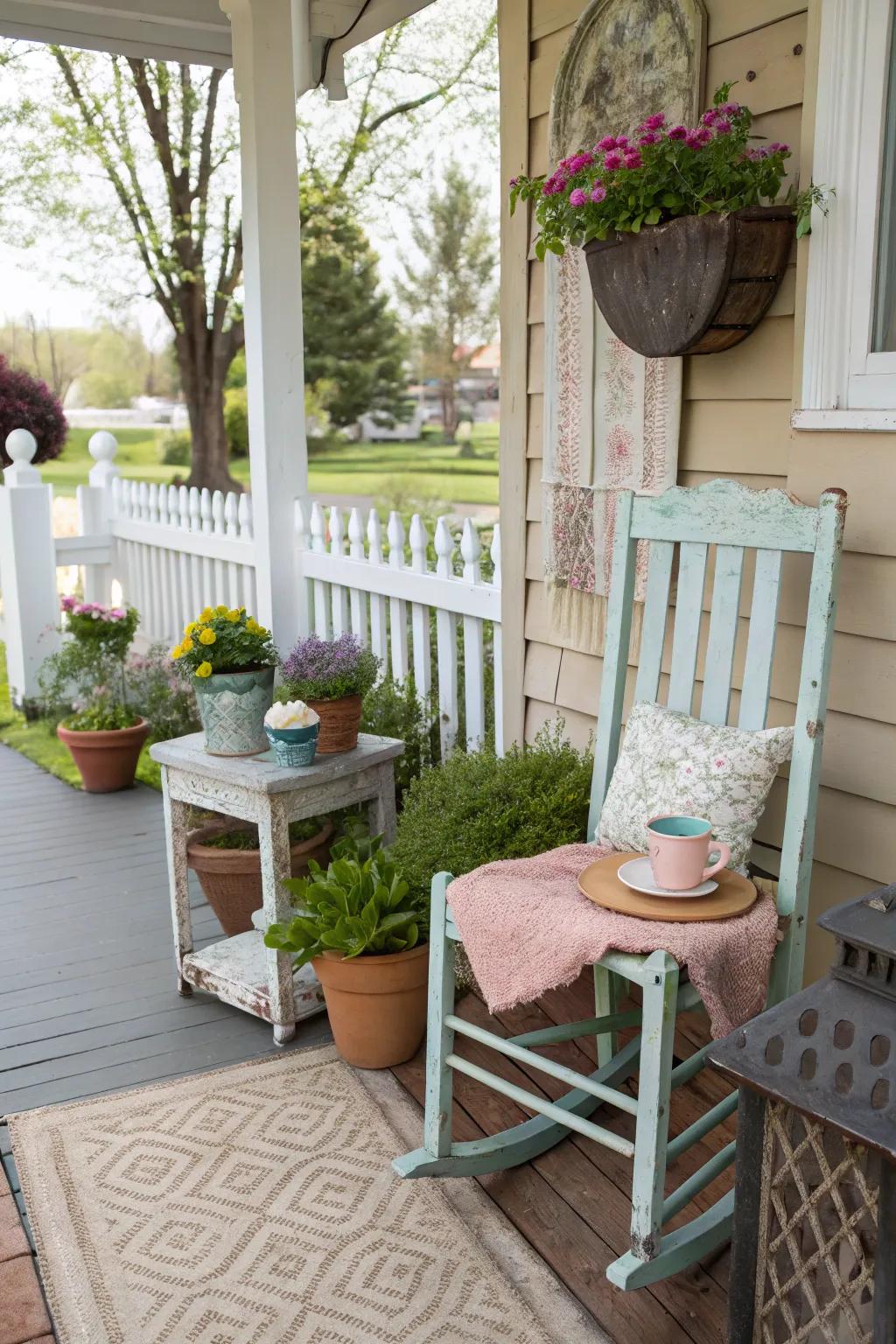 Repurposed furniture enriches a porch's character.